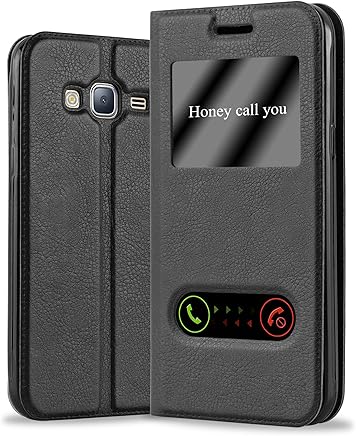Cadorabo Funda Libro para Samsung Galaxy J3 / J3 DUOS 2016 en Negro Cometa - Cubierta Protecc?on con Cierre Magn?tico, Funci?n de Suporte y 2 Ventanas- View Case Cover Carcasa