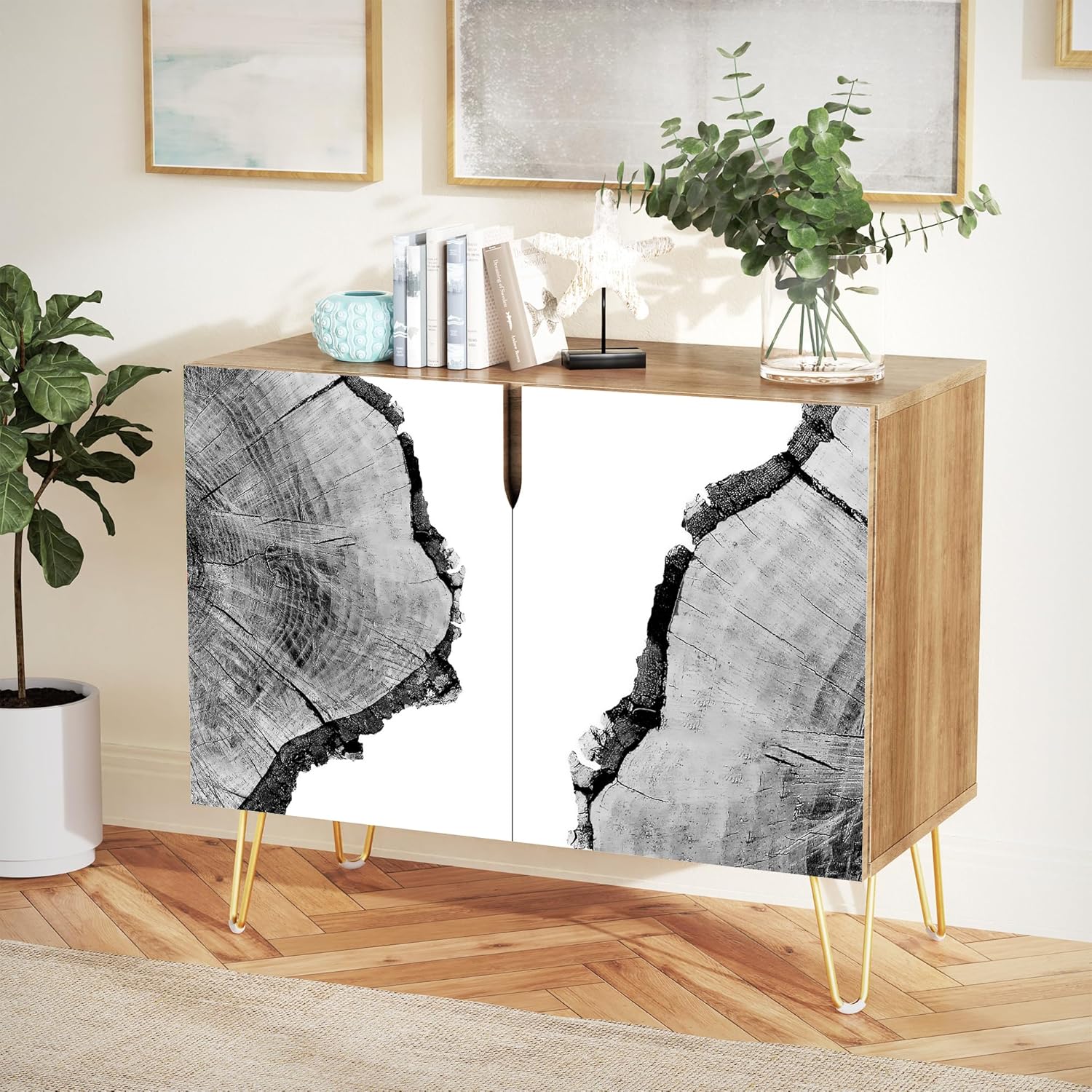 SIGNWIN Sideboard Buffet Cabinet, Kitchen Storage Cabinet with 2 Doors, Black & White Forest Wood Rings, Cupboard Console Table for Dining Room - 35" L x 18" W x 29" H