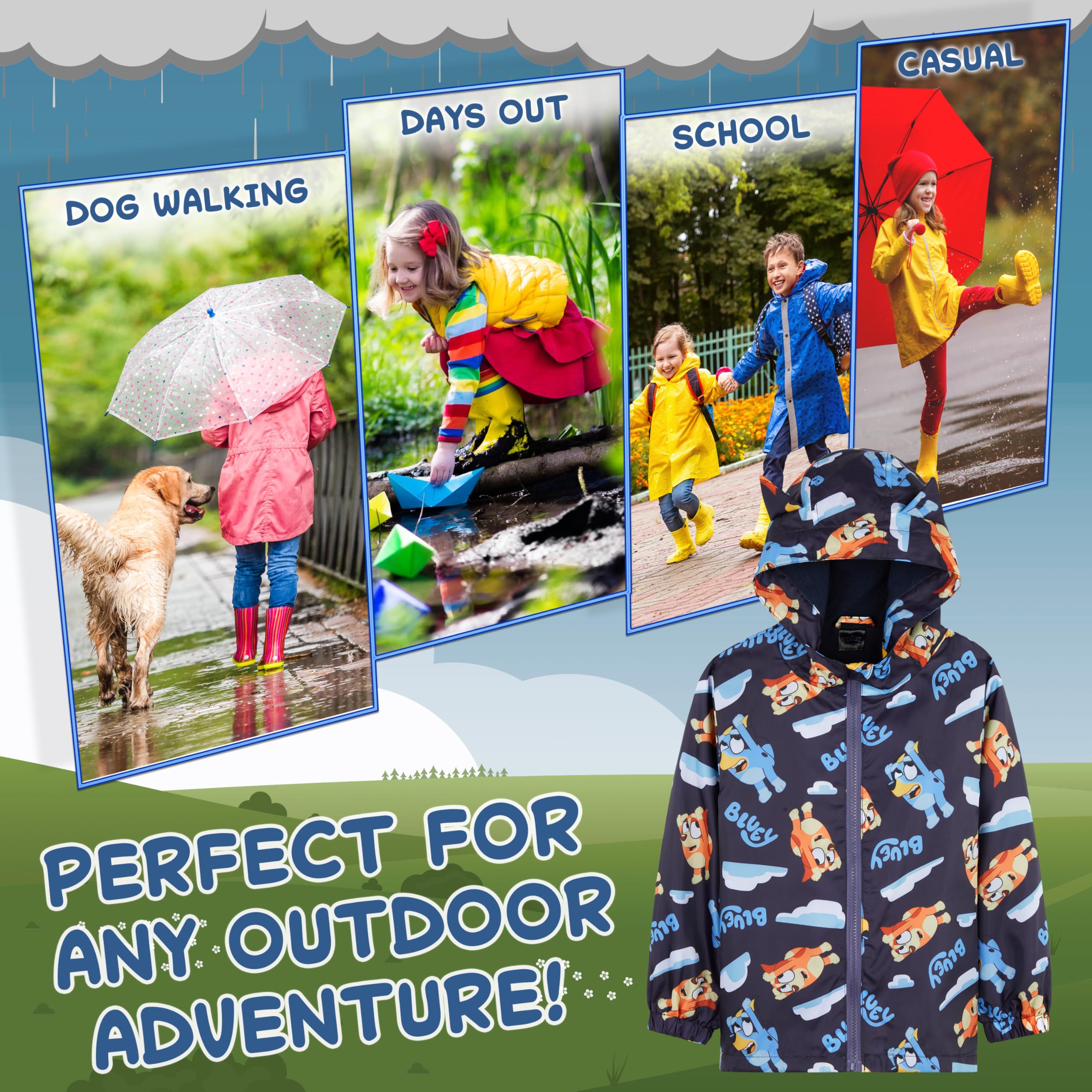 Bluey Chubasquero para Niñas, Poncho Impermeable con Capucha y Bolsillos