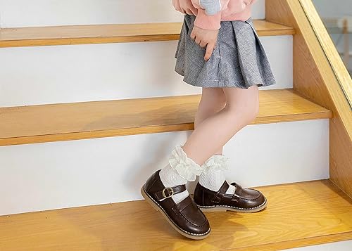 Miniatura 3 de Gwenvenni Calcetines de algodón con ribete de encaje con doble volantes para niñas pequeñas, paquete de 5