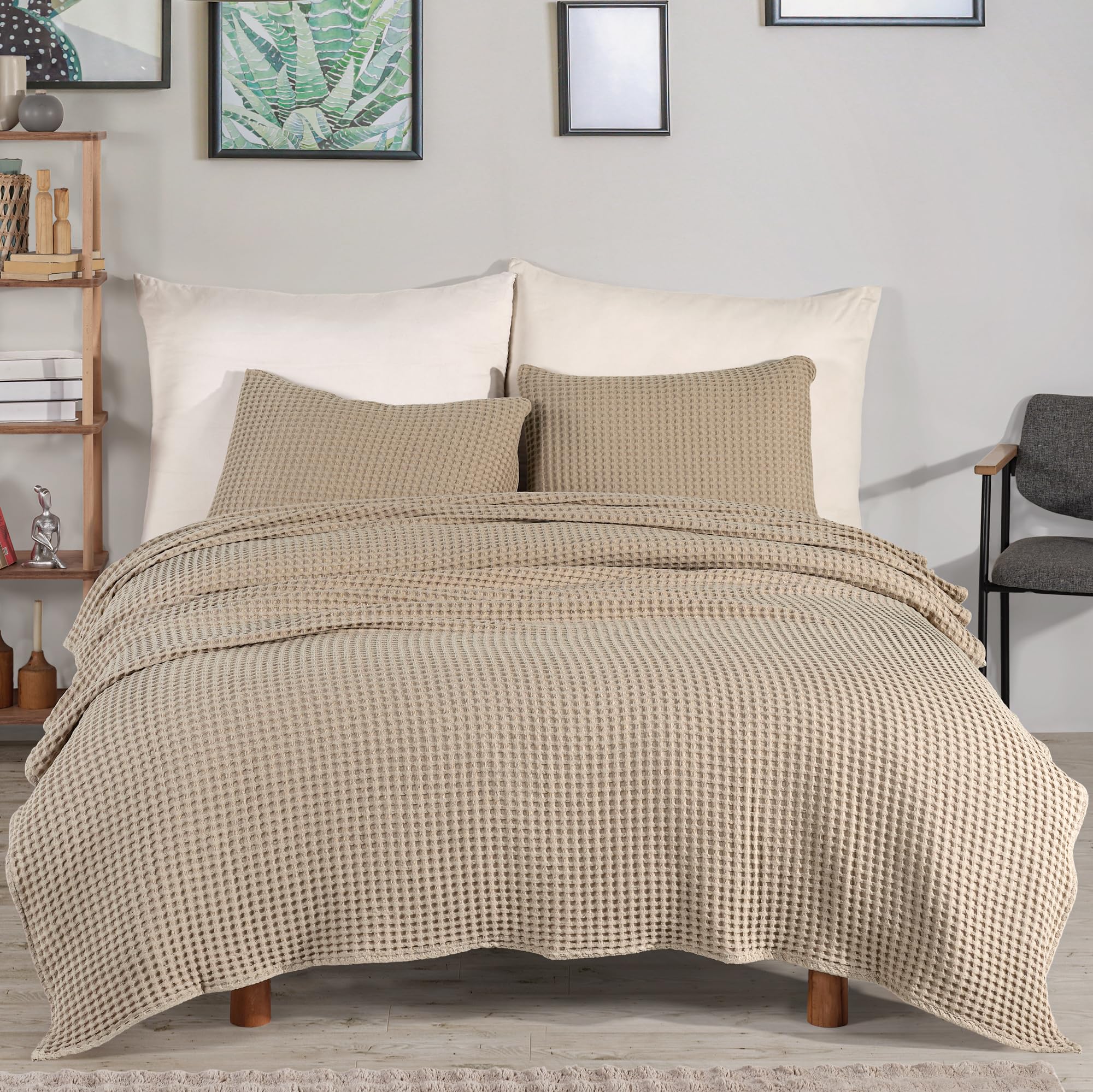 Milam London Colcha Waffle Cama Doble, Sofá | 180x240cm Beige, Colcha Waffle 100% Algodón Cama Doble, Sofá & Decoración