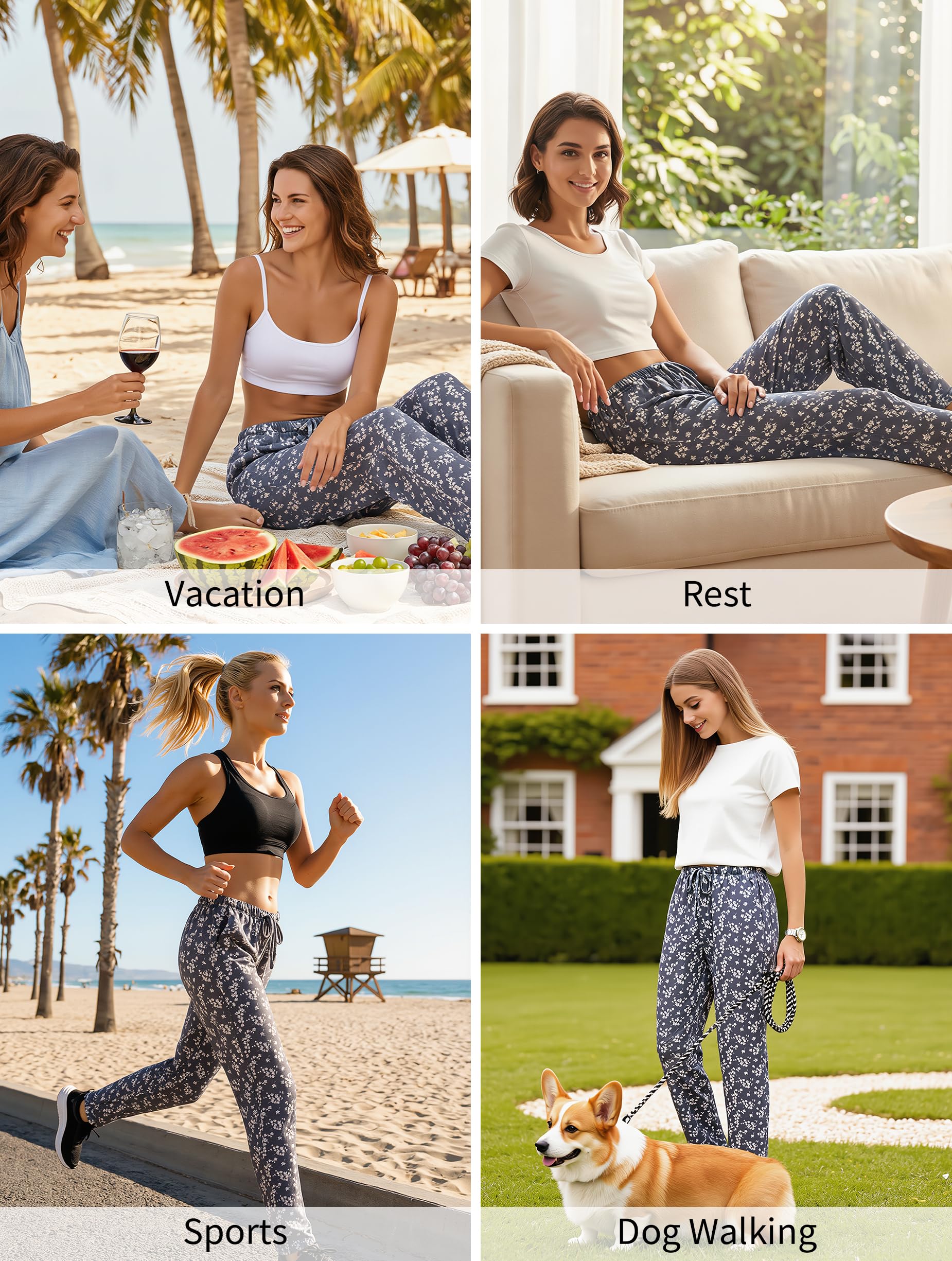 Vlazom Pantaloni Lunghi da Notte Donna in Cotone Morbidi con Stampa Elegante e Caduta Naturale