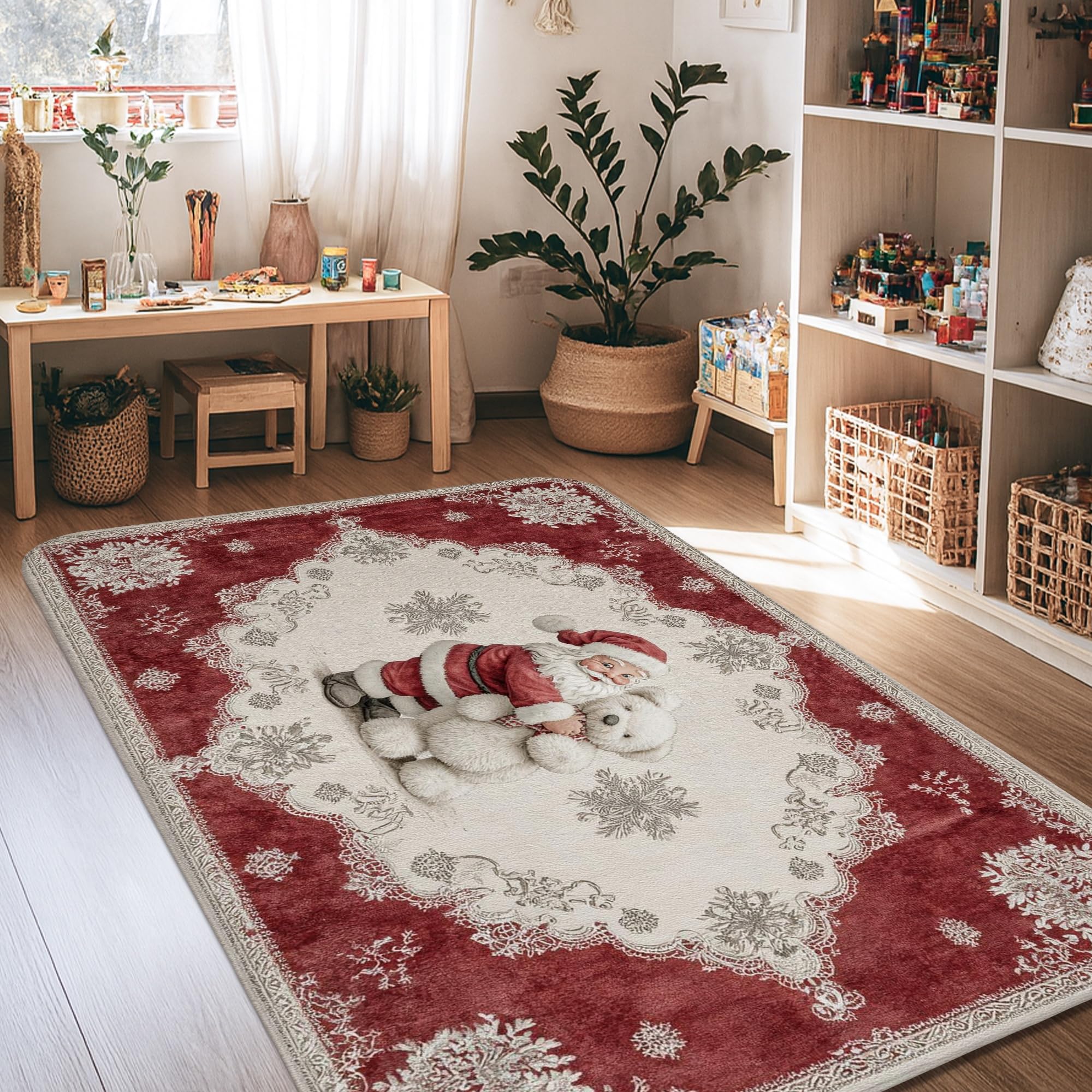Tapis de Noël résistant aux taches et lavable en éponge douce rouge pour chambre