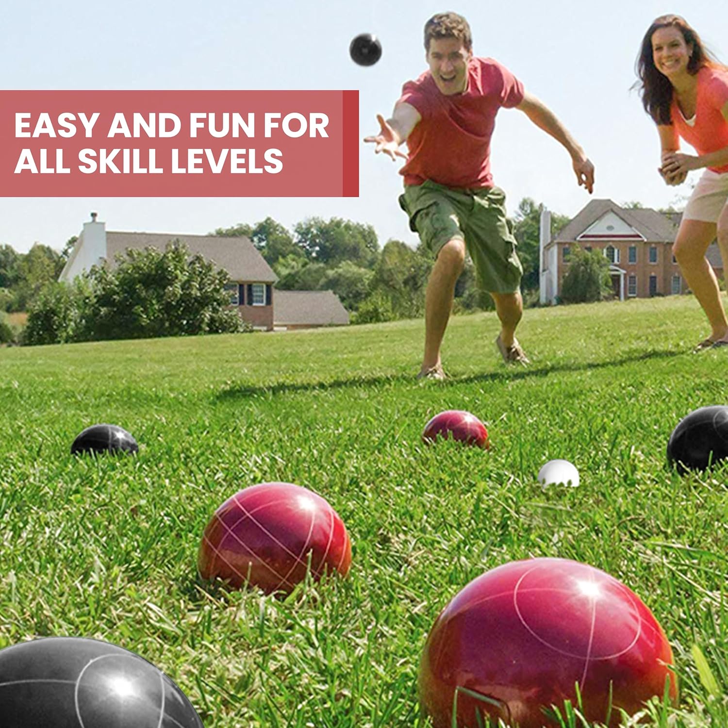 Bocce Ball Set 100mm Regulation Size and Weight for Lawn, Beach Bocci Game Sets for 2-8 Players (Red and Black)