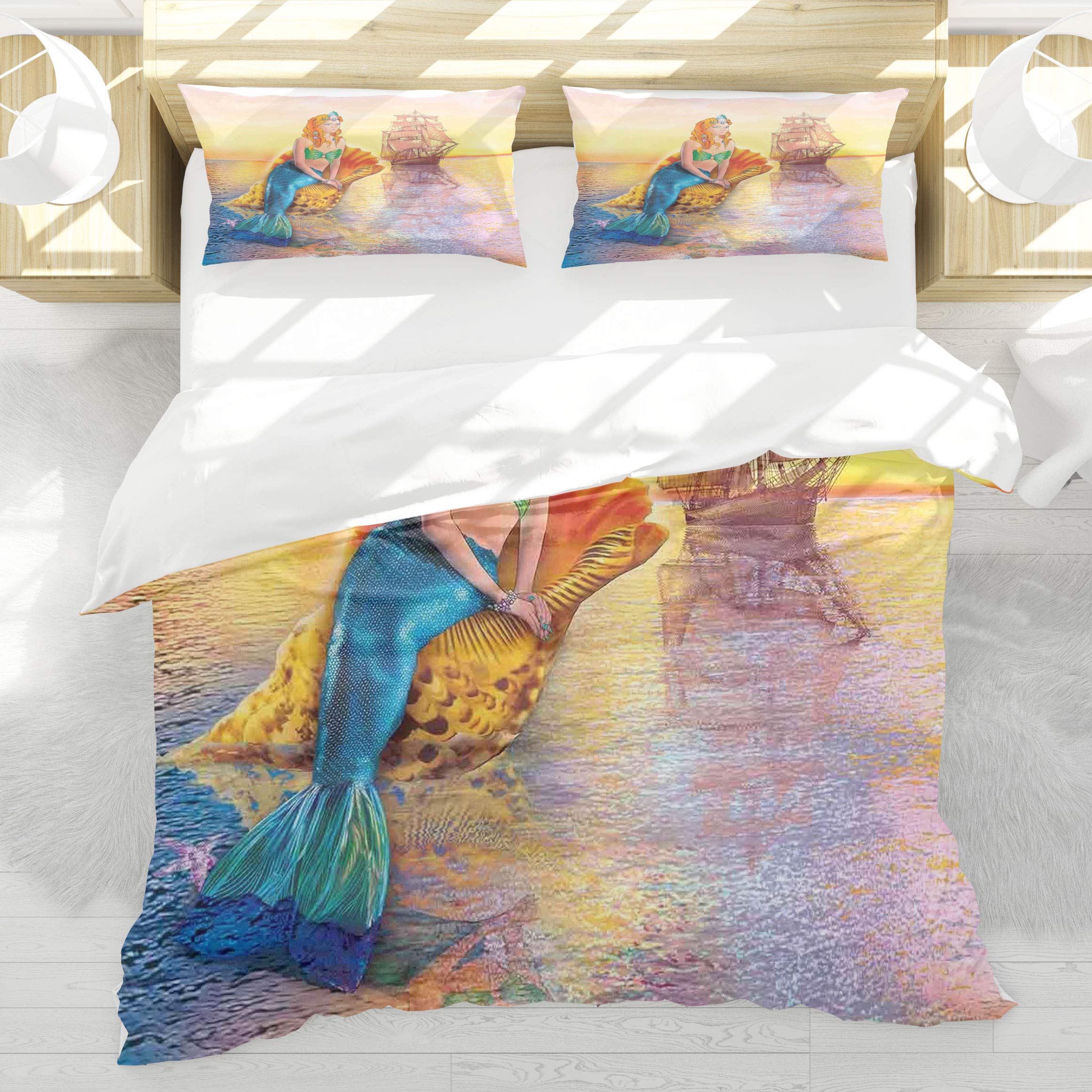 Housse de couette sirène 200x200 avec 2 taies d'oreiller motif océan mythique