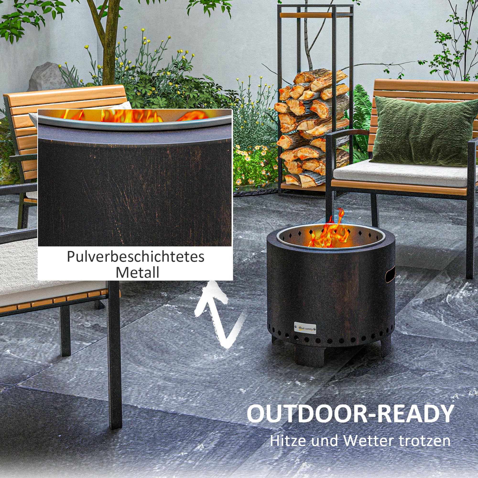 Outsunny Feuerschale Rauchfreier Tischfeuer mit Griff Ø45 cm Schwarz | Schürhaken, Feuerkorb, Feuerstelle, für Garten, Camping, Terrasse, Metall