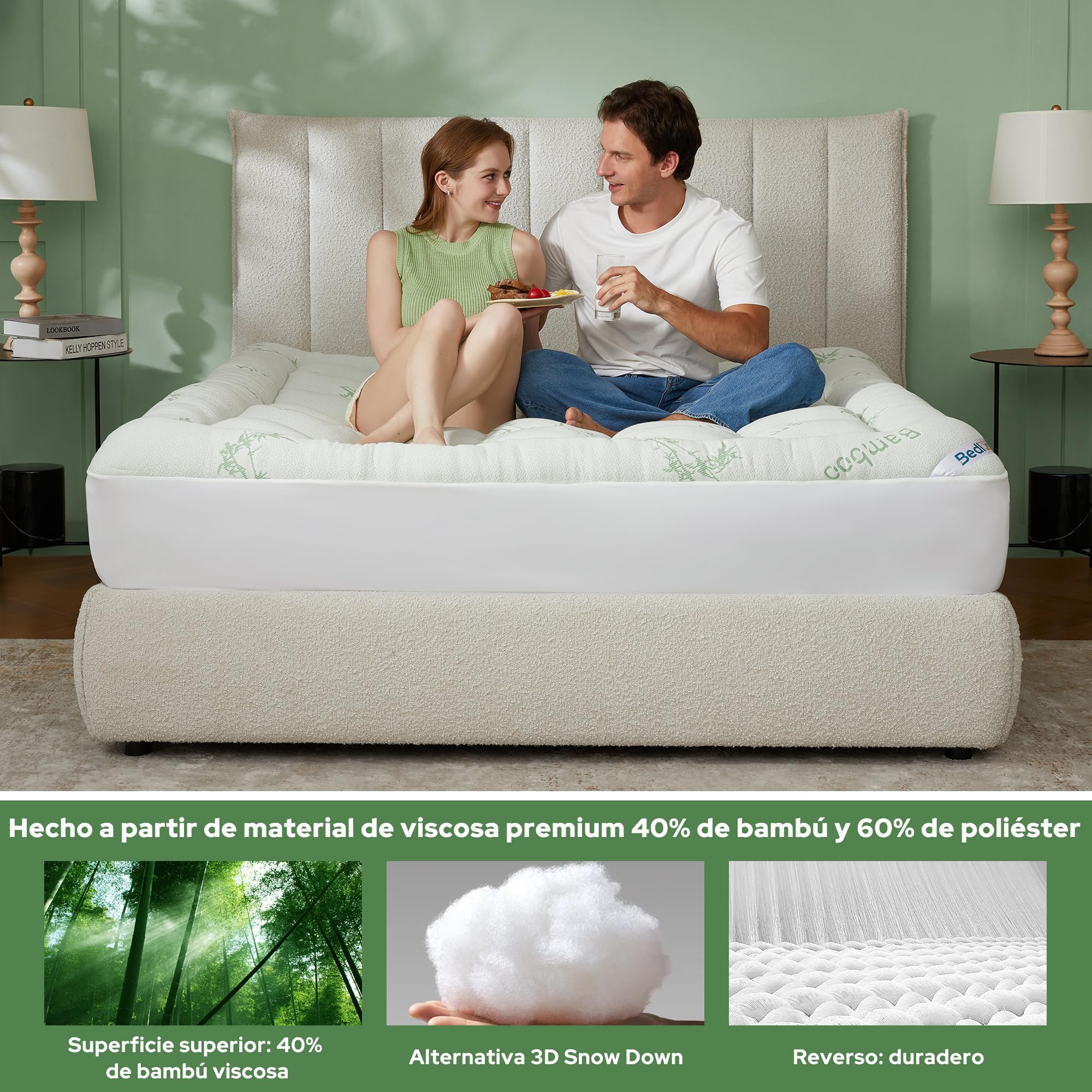 BEDLORE Sobrecolchón 160x200 cm, Topper Acolchado de Bambú Transpirable y Suave, Cubre Colchón con Faldón Elástico hasta 40 cm, Certificación Oeko-Tex, Verde