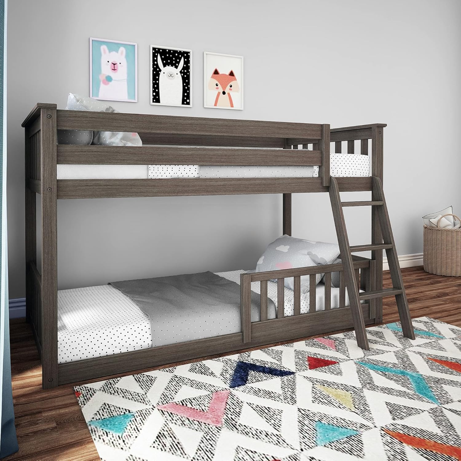 Max & Lily Low Bunk Bed, Twin-Over-Twin Bed Frame For Kids With 3 Guard Rails, Natural