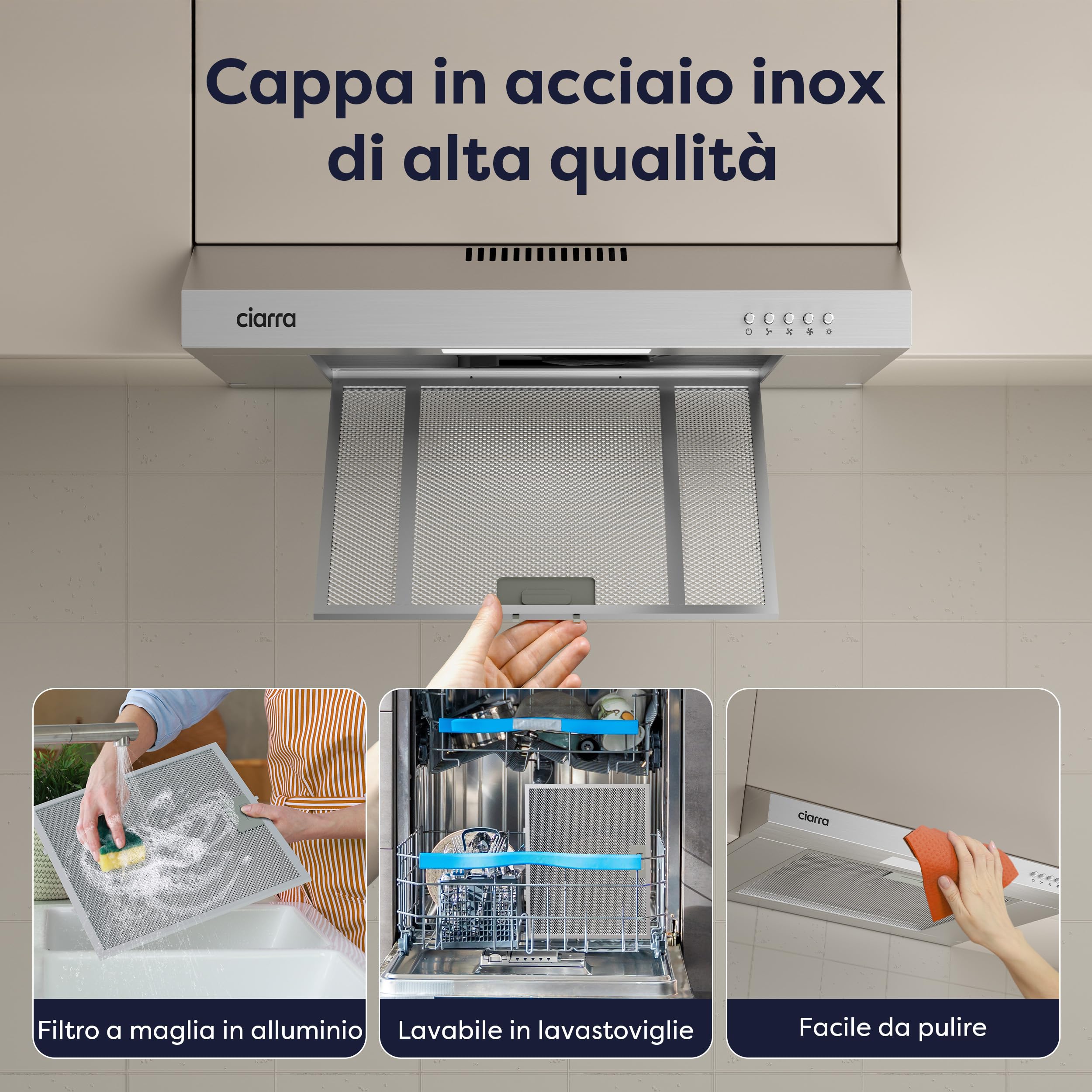 CIARRA Cappa Aspirante 60 cm Sottopensile Cappa da Cucina con Pannello Argento LED Montaggio a Parete con Ventola Estrattore (Acciaio Inox)-CAW6903A