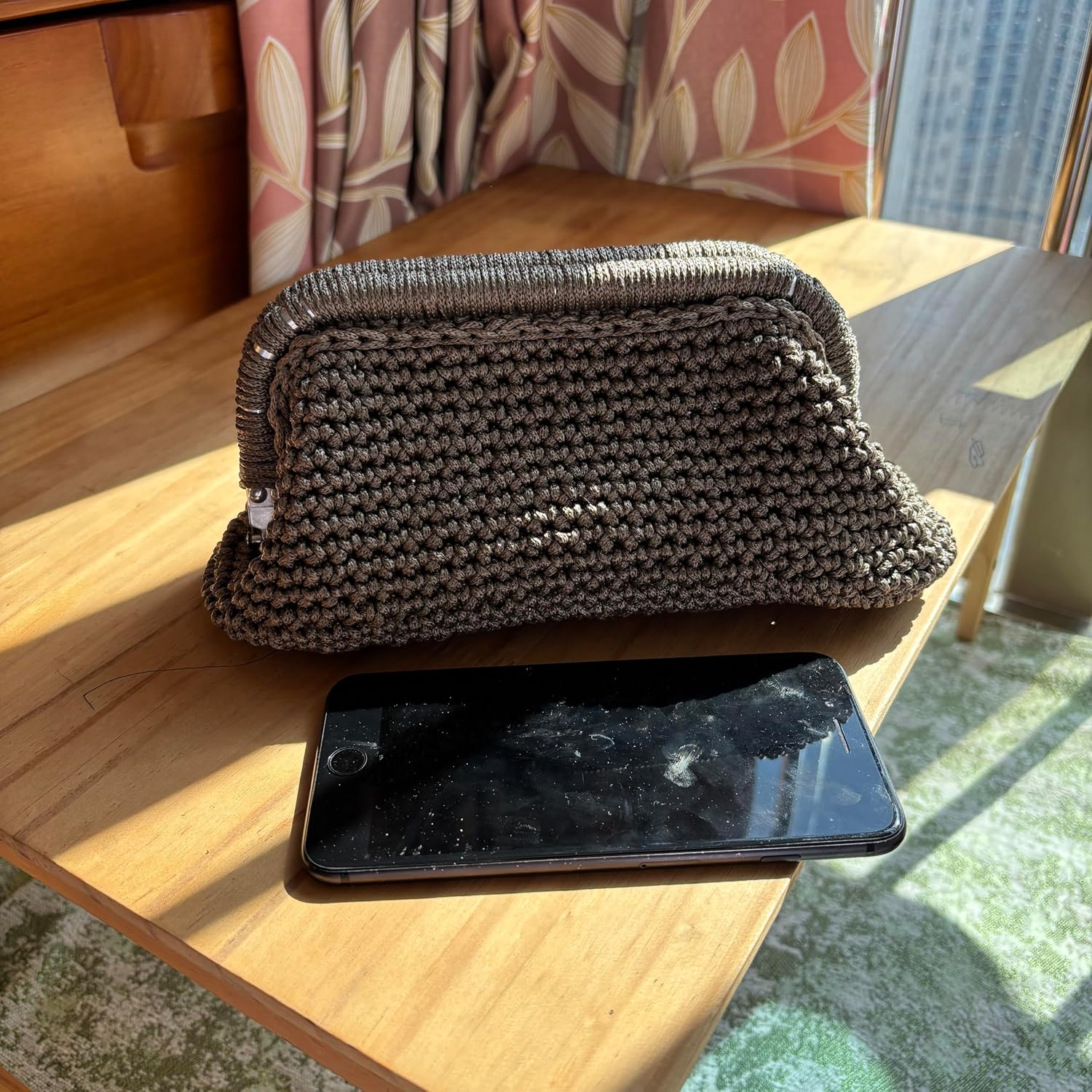 Handmade Crocheted Clutch Bag, Brown, 9 x 4 inches
