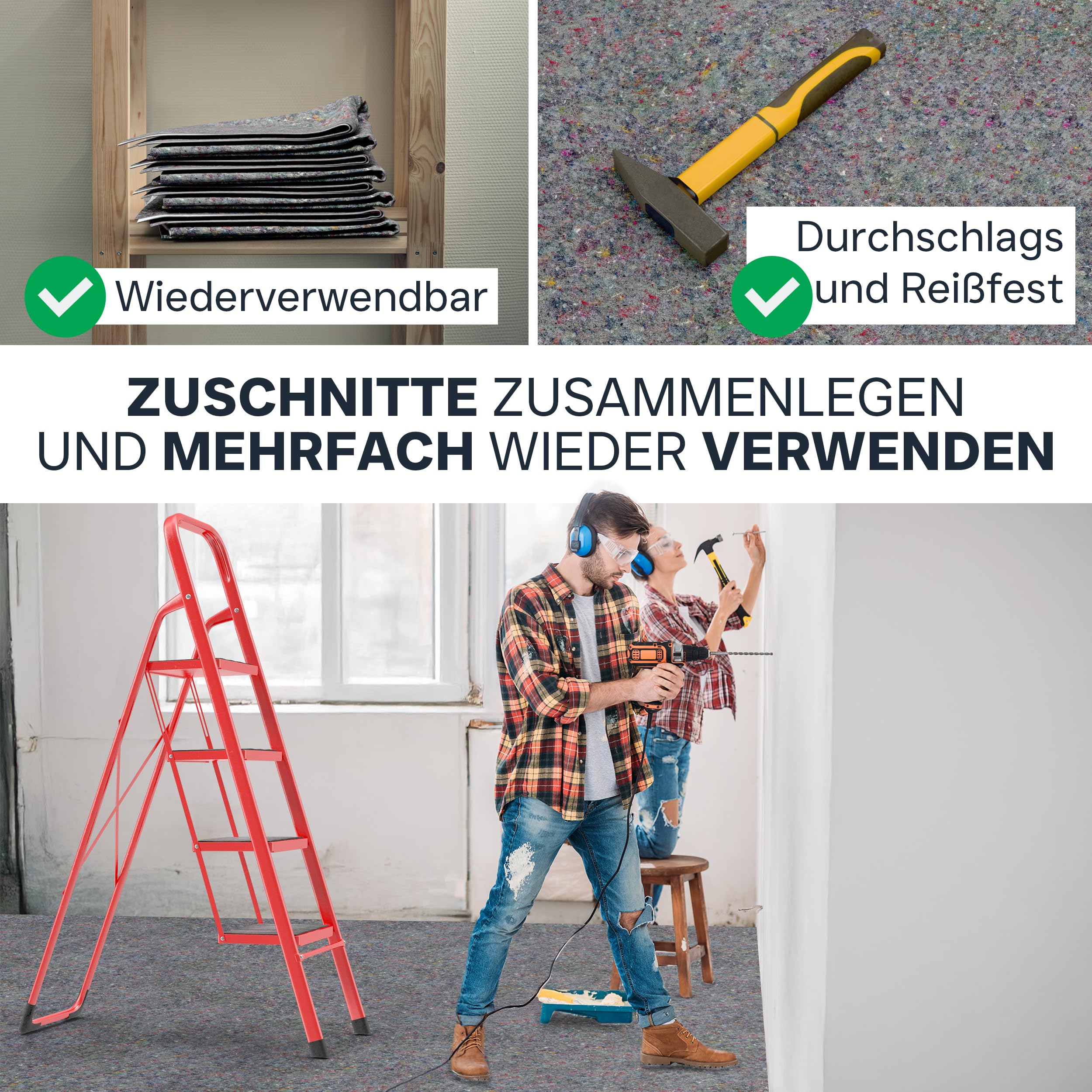 Hammerfest Abdeckvlies 1x25m – 850 g/m² Malervlies & Schutzvlies I Rutschfeste Abdeckplane für Parkett, Treppe, Fenster & empfindliche Böden I Befahrbar mit Gabelstapler & Hubwagen