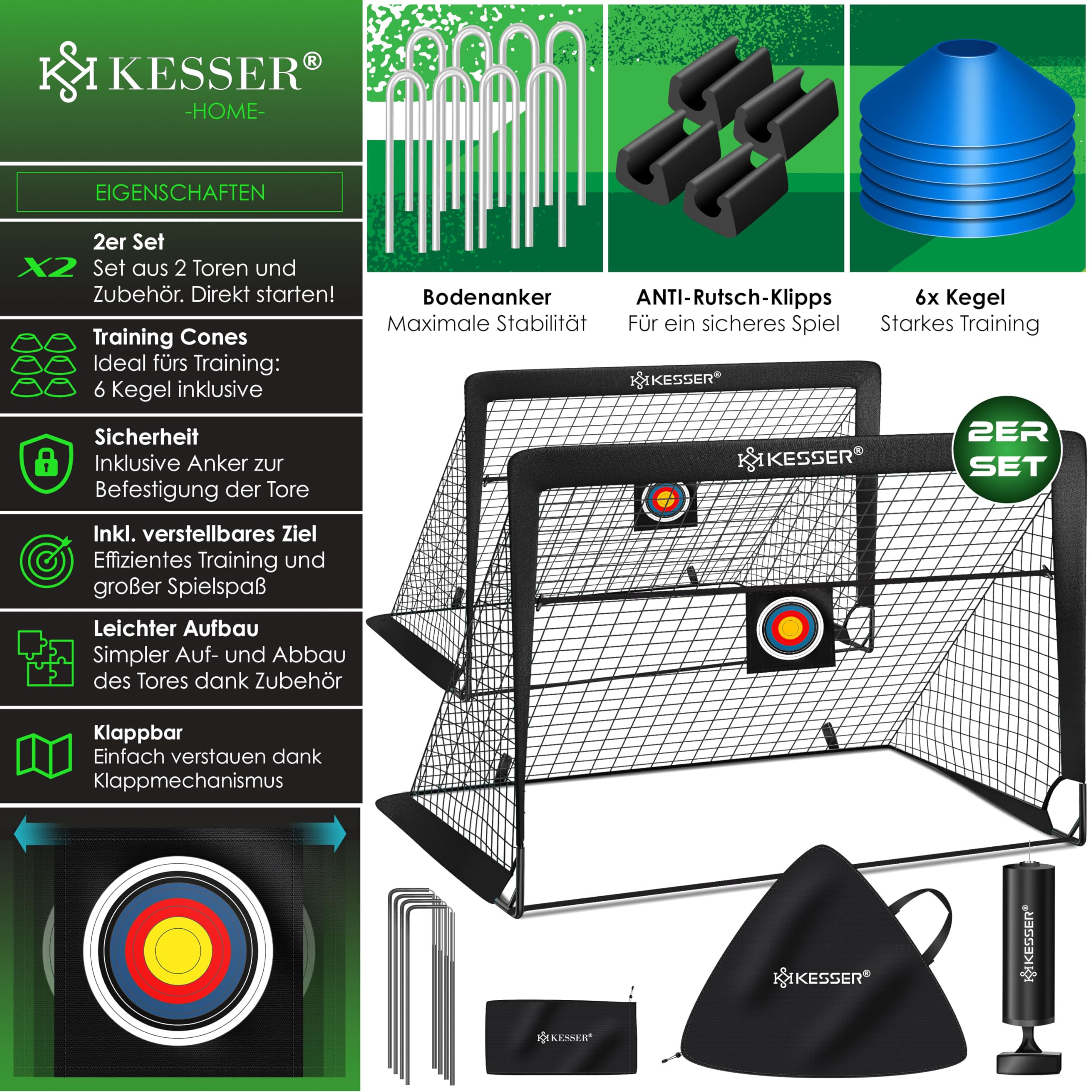 KESSER® Fussballtor 2er Set | Tolles Fußball Geschenk für Kinder, Indoor und Outdoor Garten : Antirutsch - Inkl. Fussball Trainingszubehör: Hütchen, Zielscheibe, Sporttasche, Ballpumpe