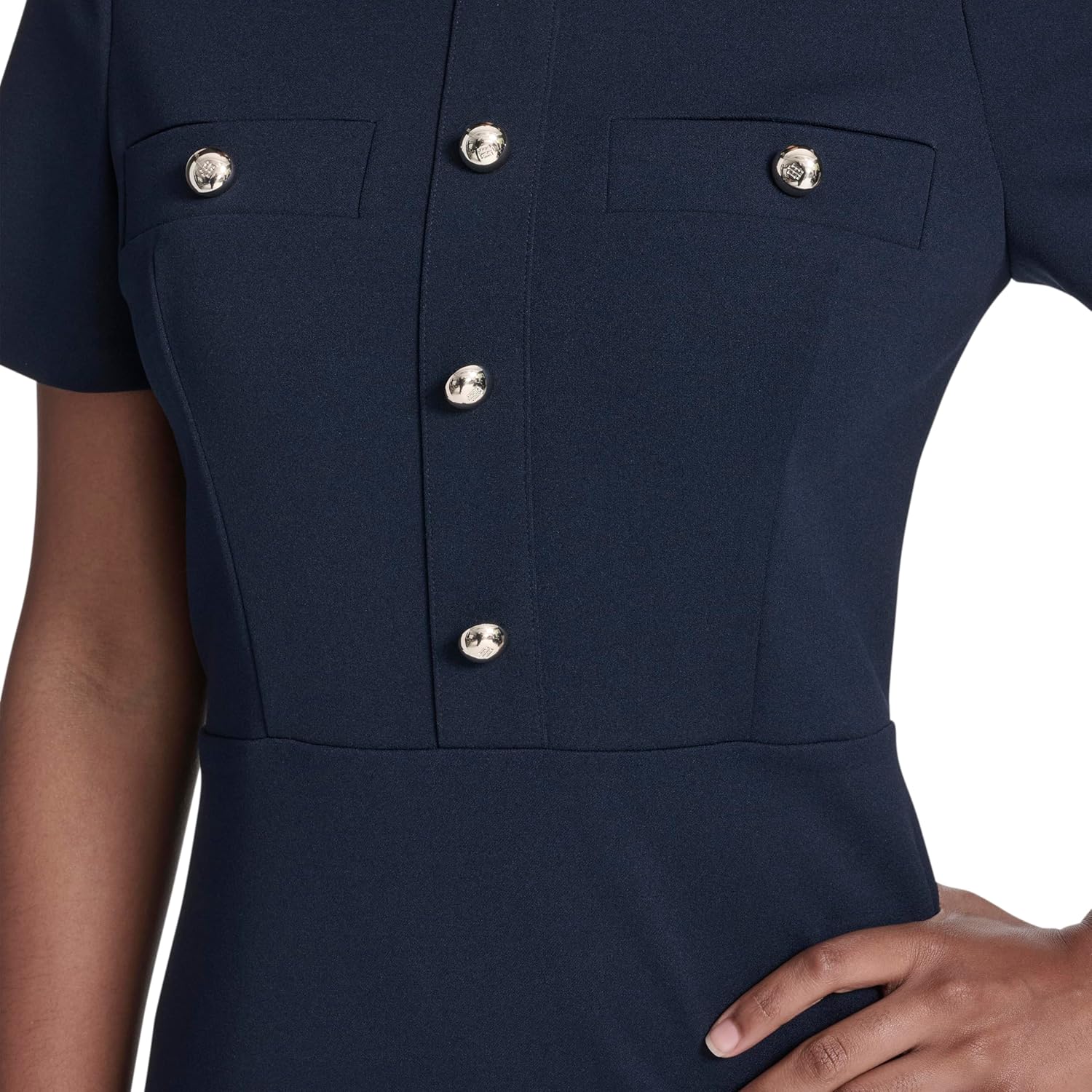 Tommy Hilfiger Women's Short Sleeve Button Front Sparkle Boucle Knit Fit and Flare Mini Dress, Sky Captain, 2