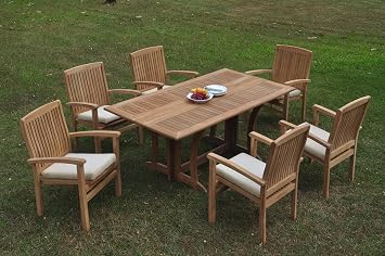 6 Seater Grade-A Teak Wood 7 Pc Dining Set Warwick Console Folding Rectangle Table and 6 Wave Stacking Arm Chairs #TSDSWV37