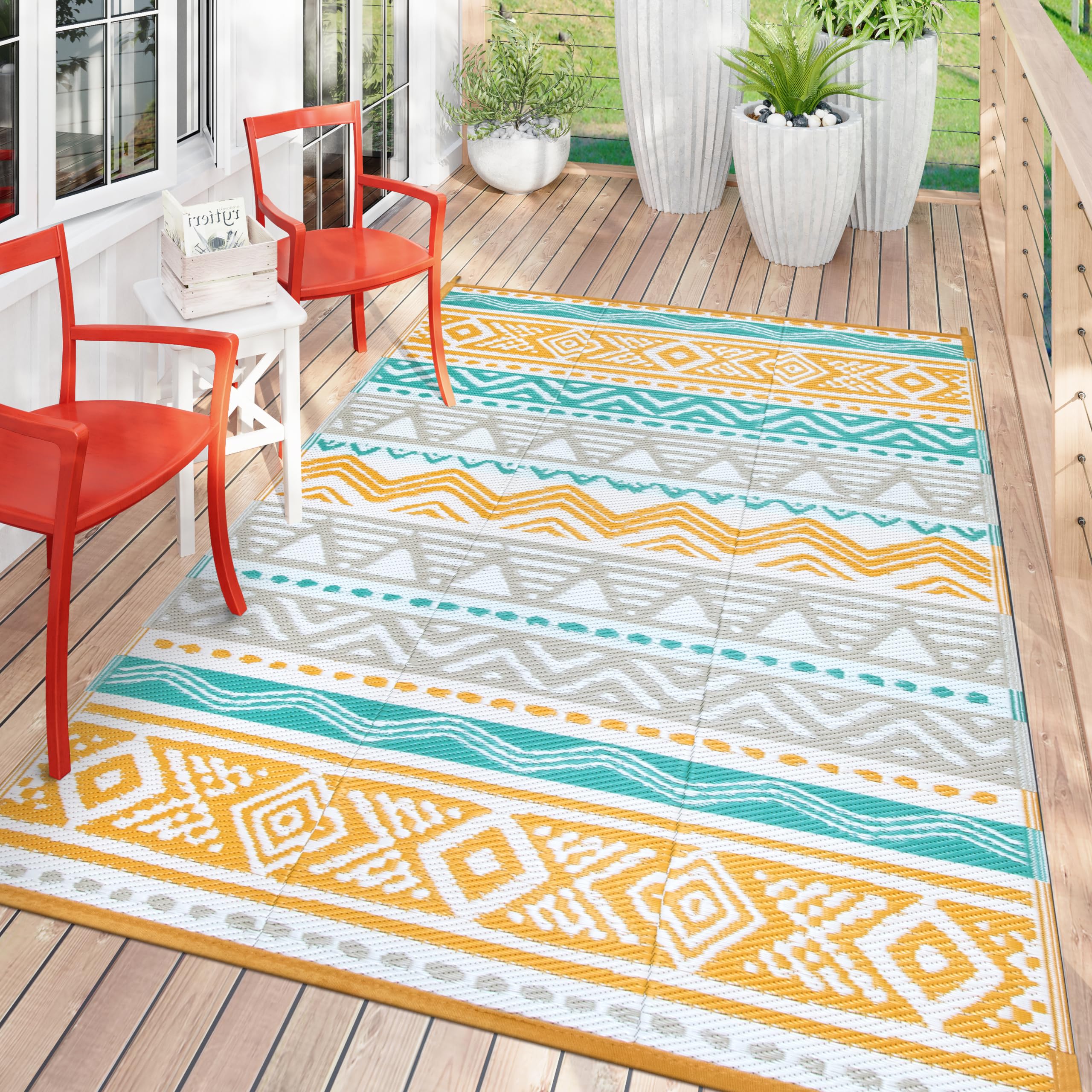 Lahome Outdoor Rug Waterproof, 5x8ft Reversible Outdoor Plastic Straw Rug for Camping Patio, RV Outdoor Rugs Outside, Indoor Outdoor Carpet for Porch Deck Backyard Balcony Picnic,Blue/Yellow