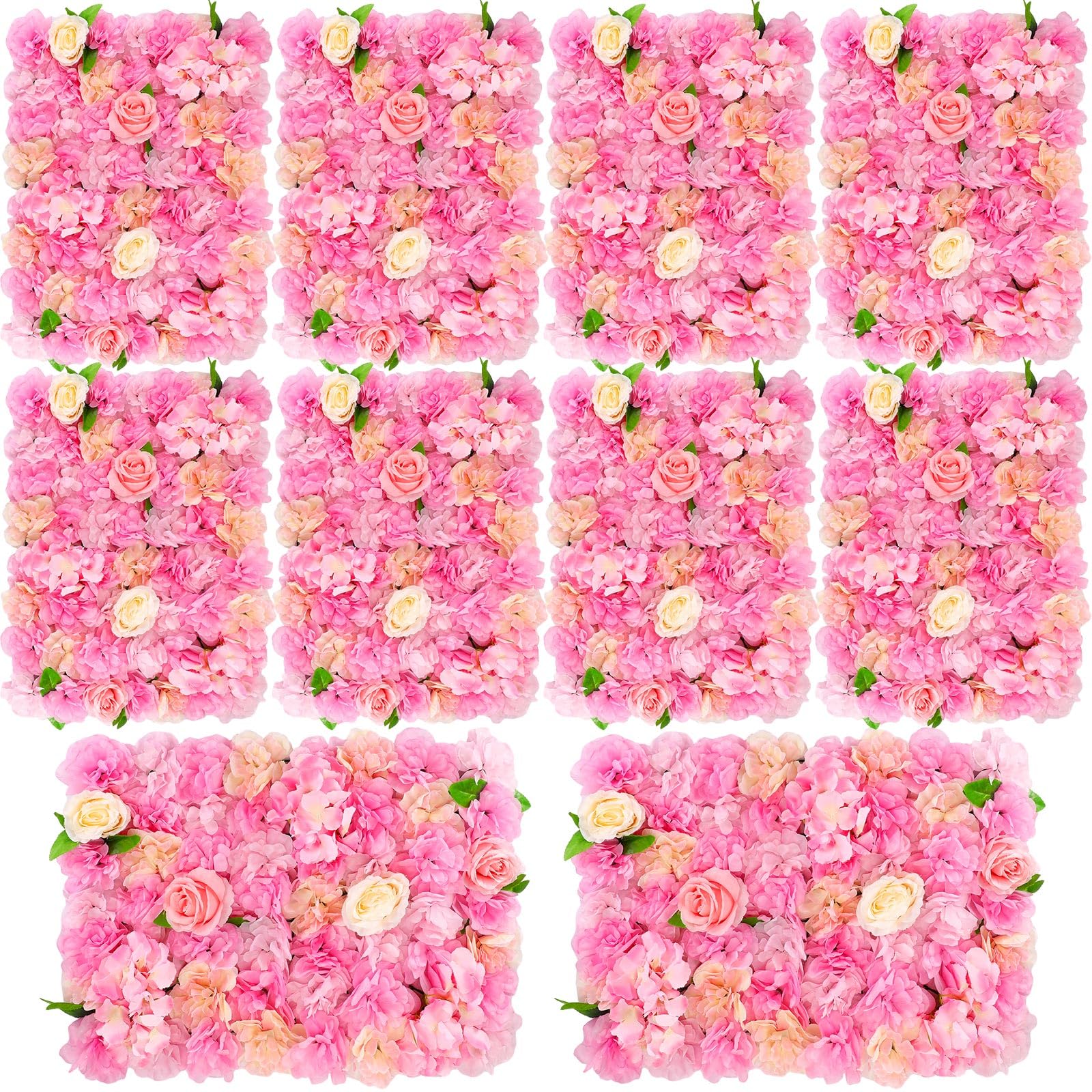 Tigeen 10 Pcs Artificial Rose Flower Wall Panels 24 x 16 Inch Faux Rose Flower Backdrop Artificial Rose Flower Wall Floral Panels Backdrop for Wedding Party Birthday Home Wall Hanging (Pink)
