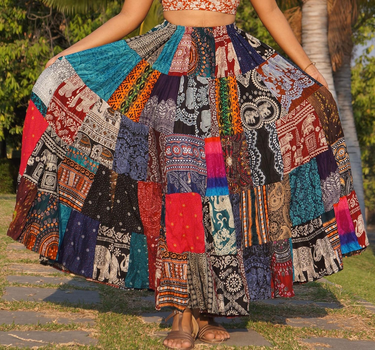Patchwork Skirt Long Boho Colorful Unique Gypsy Tiered Maxi Full Flared Rayon, Multicoloured, Large - Image 5