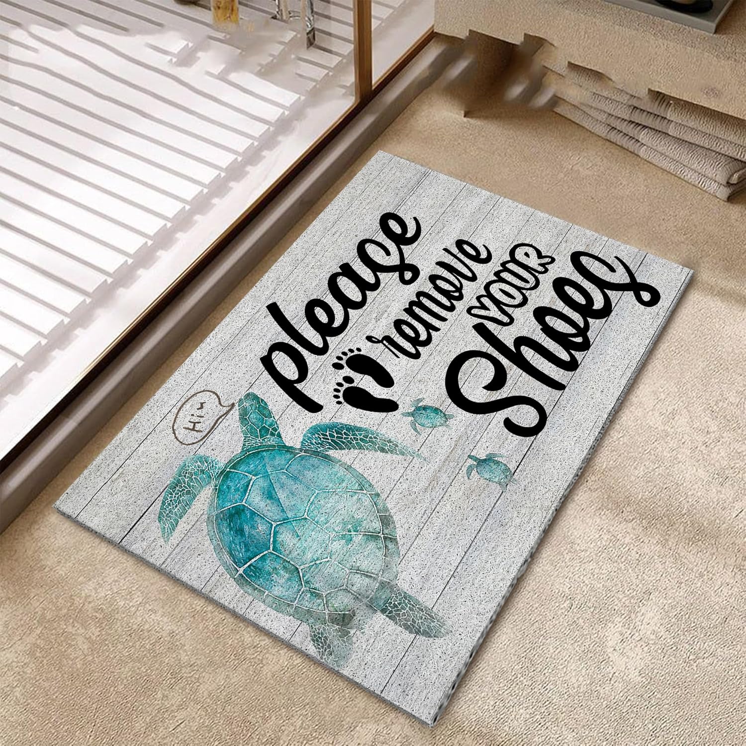 Please Remove Your Shoes Welcome Mat, Sea Turtle Coastal Beach Door Mat Non-Slip for Front Porch Indoor Outside Entrance Entryway, Nautical Beachy Doormat, 17x30 Inch