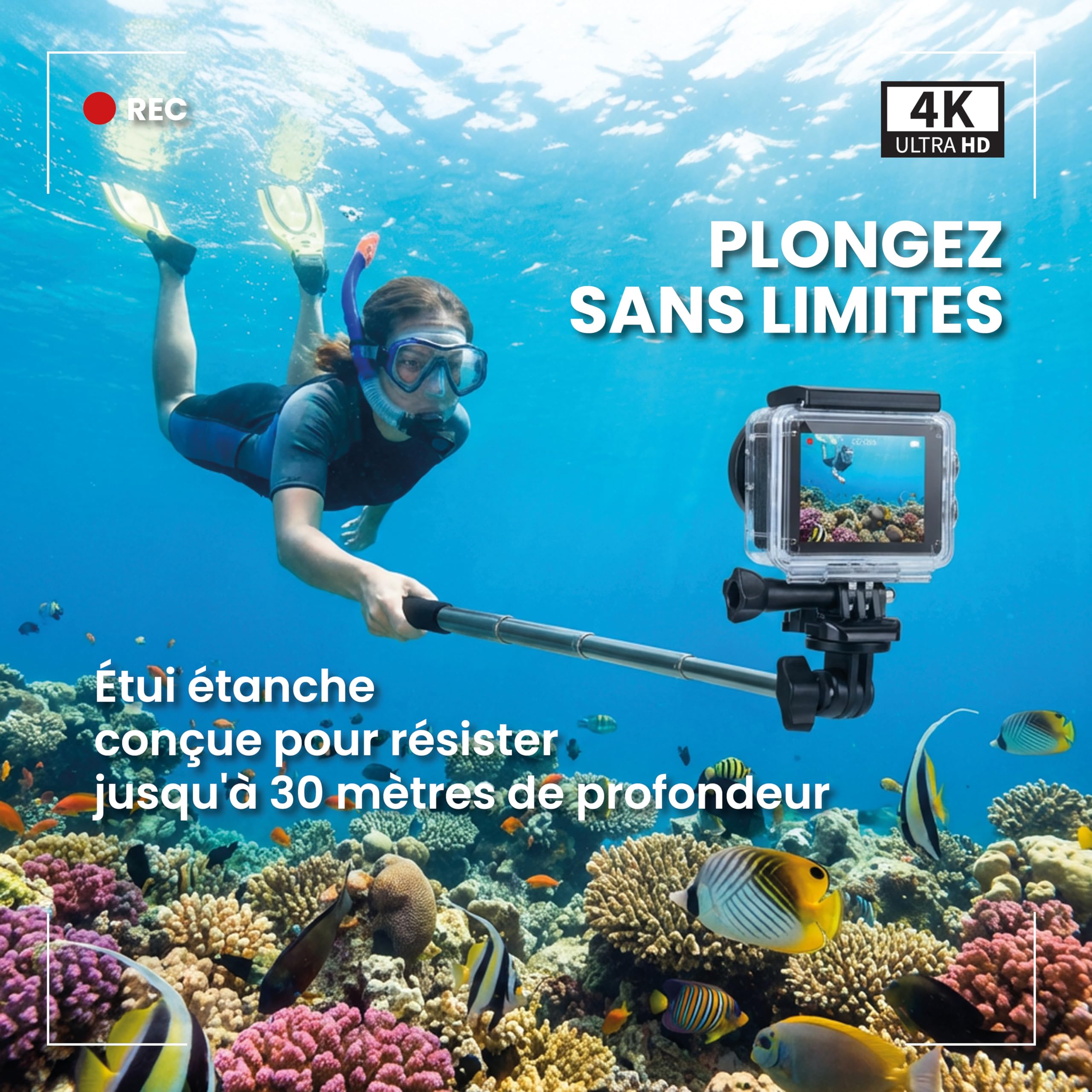Midland - Camera Sport 4K H9 Pro WIFI Remote Control, Camescope Caméra Video Plongée Sportive, Appareil Photo Sous Marin 30m Autonomie 2H 30fps Photo 20MP, Touchscreen IPS 7 Modes, Contrôle Smartphone