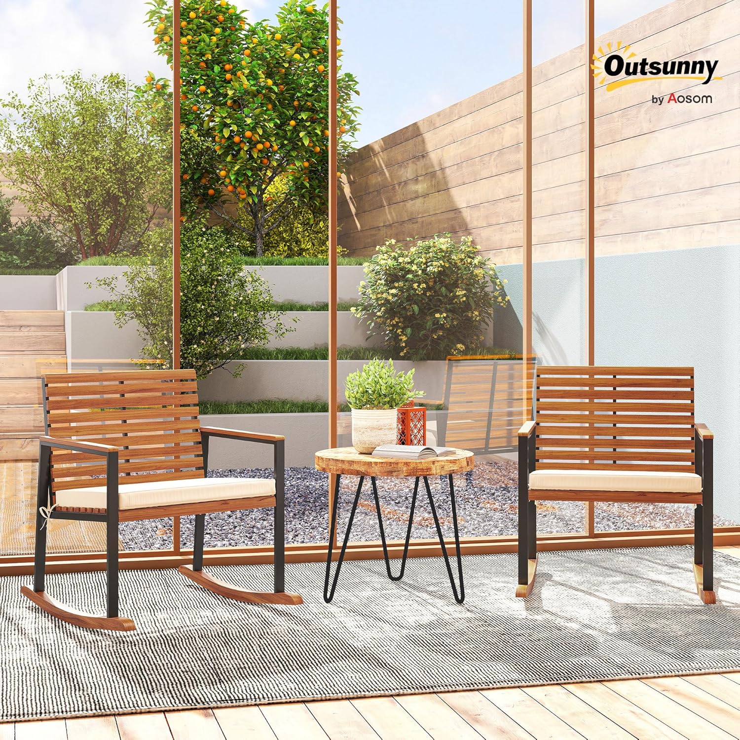 Outsunny Outdoor Rocking Chair Set of 2, Acacia Wood Outdoor Rockers with Armrests, Cushion, Patio Wooden Rocking Chair Set for Garden, Balcony, Porch, 353 lbs. Capacity, Cream White