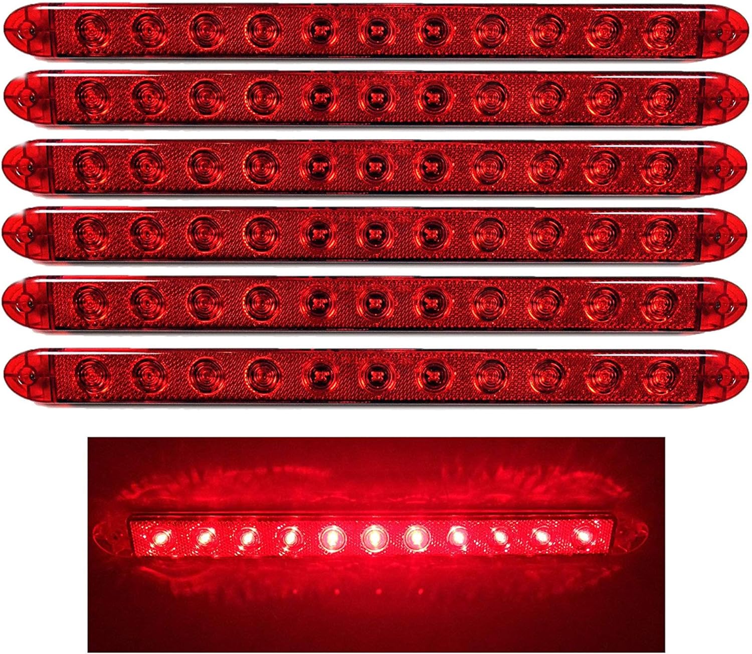 16" Red LED Slim Low Profile Surface Mount | Stop Turn Tail Light | Trailer Truck RV (6 Pack)