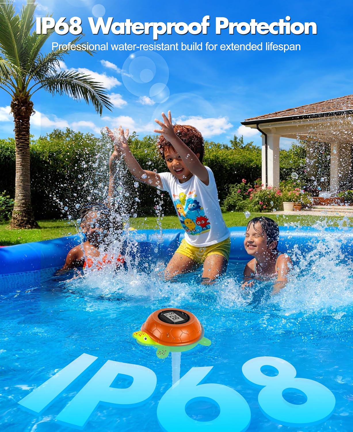 LuxBlue Turtle Floating Pool Thermometer Solar Powered | Ultra-Precise Digital Pool Thermometer with Rope & Large LCD Backlit Screen for Easy Read | Pools Water Temperature Guage for Hot Tub, Spa