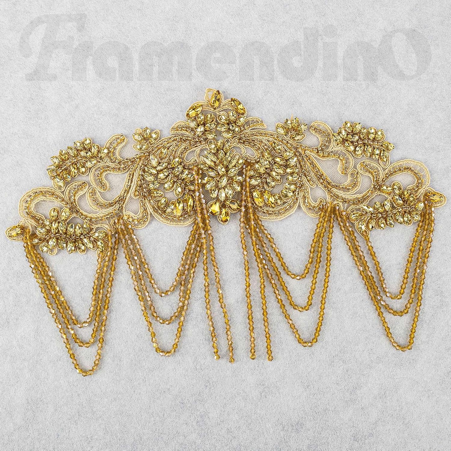 Framendino, AB Color Beaded Crystal Applique with Tassel Gold Bead Sew-on Appliqué Embellishment for Wedding Clothing Dress