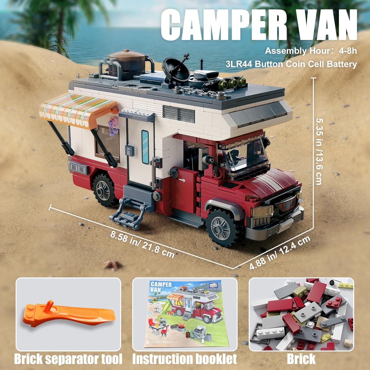 City Camper Van Building Set-Beach Camping Themed Construction Toy Kit with Mini Accessories&Lights, RV Car Model Compatible with Legos,Birthday Gift for Adults and Kids 6+(880 pcs) - Image 7