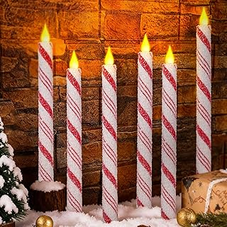 Christmas Flickering Flameless Taper Candles - 6PCS Candy Cane Red and White Stripes Sea Salt Real Wax LED Battery Operated Candles for Xmas Centerpiece Holiday Party, Wedding, Winter, Home Decoration