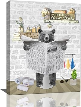 Fuzawet Bear Bathroom Decor Wall Art Black on Toilet Reading Newspaper Canvas Funny Animal Pictures for Framed Modern Painting Artwork Decoration Ready to Hang 12x16 in Bear decor