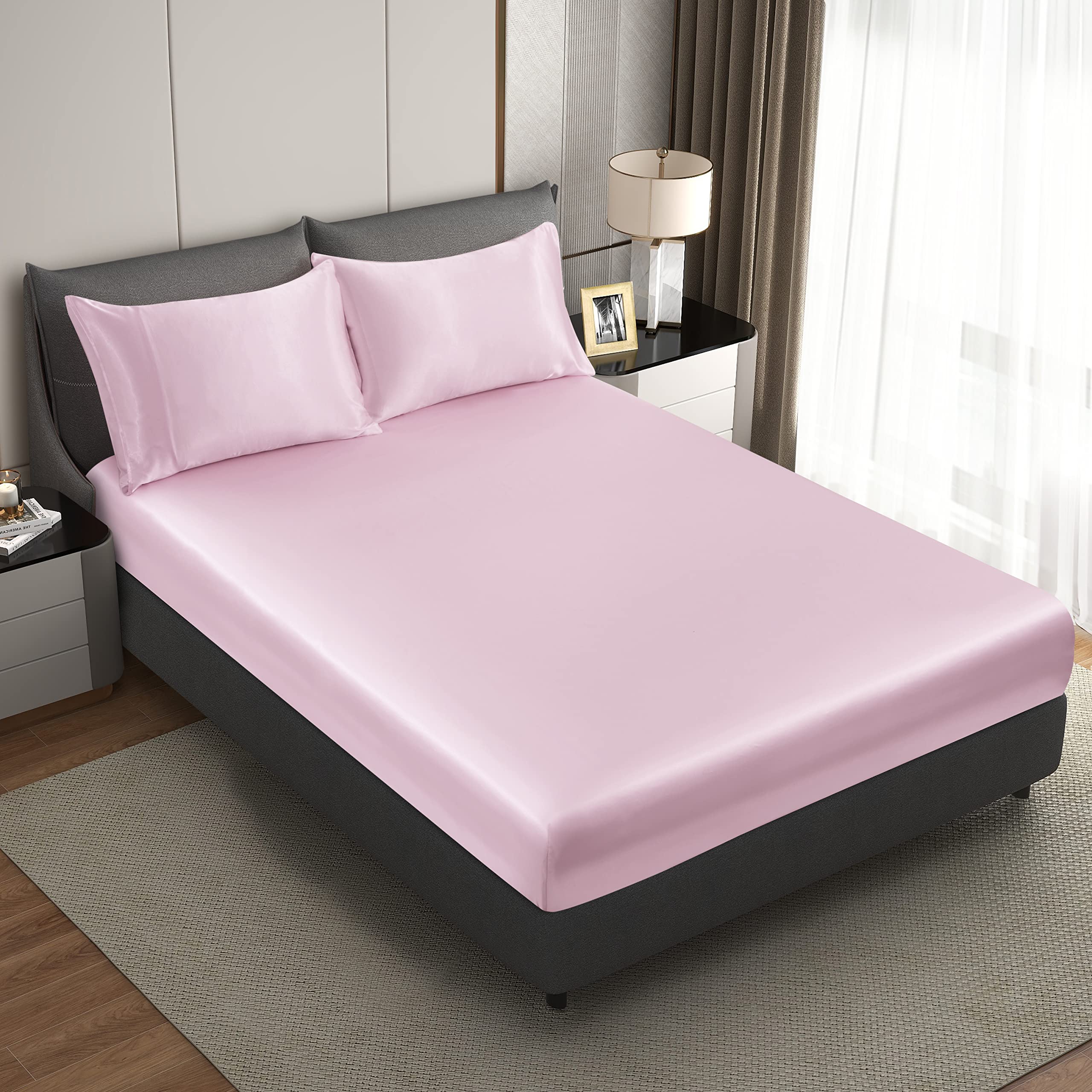 HommxJF Silk Satin Pink Full Fitted Sheet, Deep Pocket Fitted Sheet Only, Breathable, Non- Fading, Fully Elasticized Bed Sheets Sold Separately