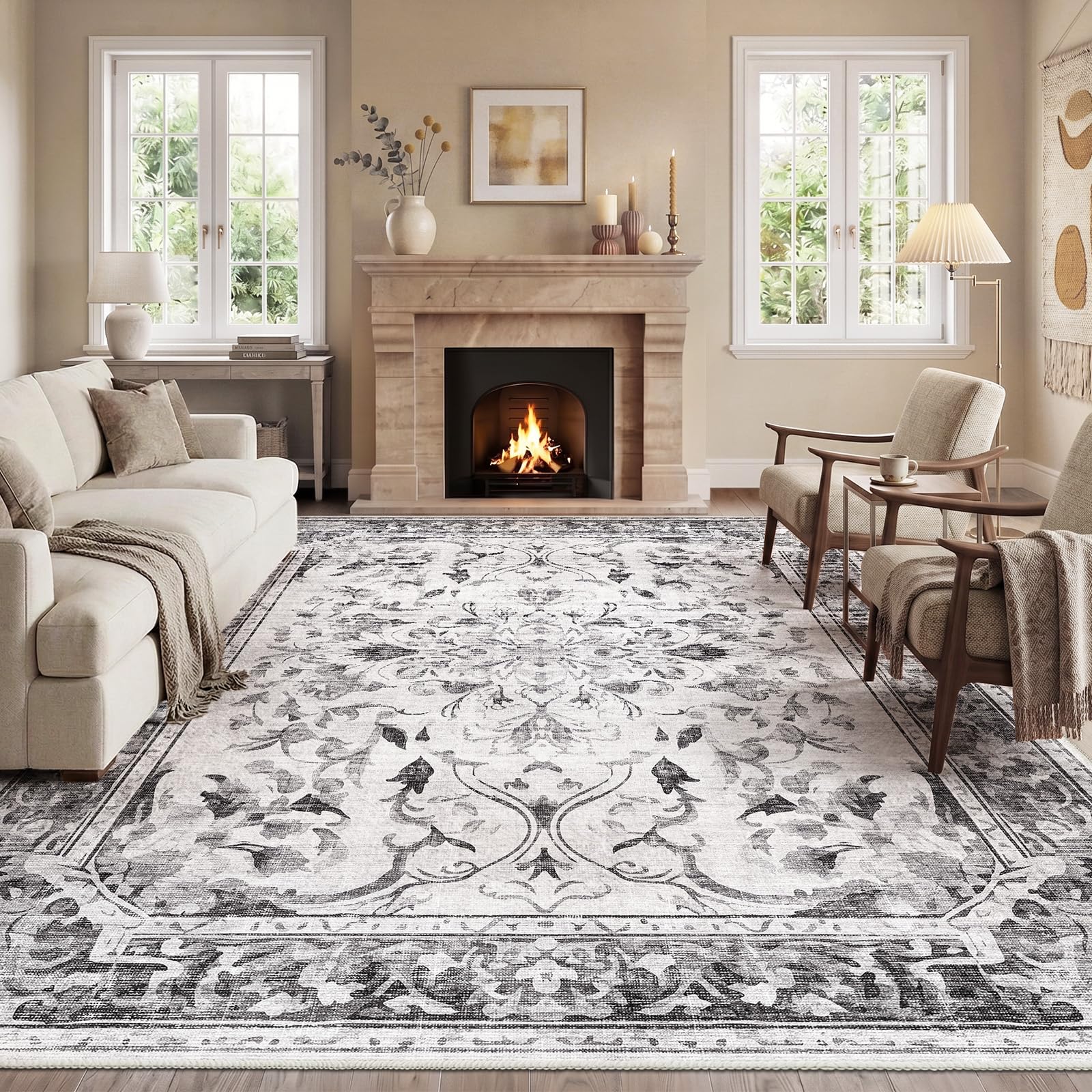IKALIFE Vintage Salon Rug 120x170cm Washable Grey | Large Machine Washable Rug Short Pile Floral Non Slip Soft Living Room Bedroom Dining Room