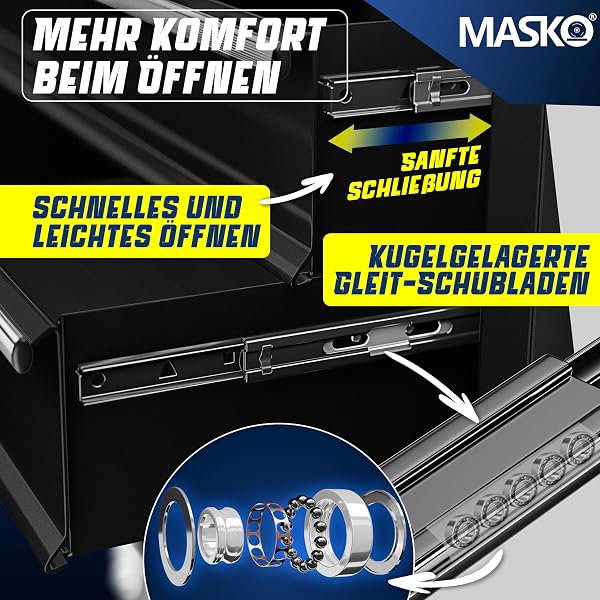 Masko® Carrello da officina - 5 Scomparti - Nero | Chiudibile a chiave | Metallo massiccio | Carrello mobile per attrezzi senza utensili | Carrello da officina professionale senza assortimento - 3