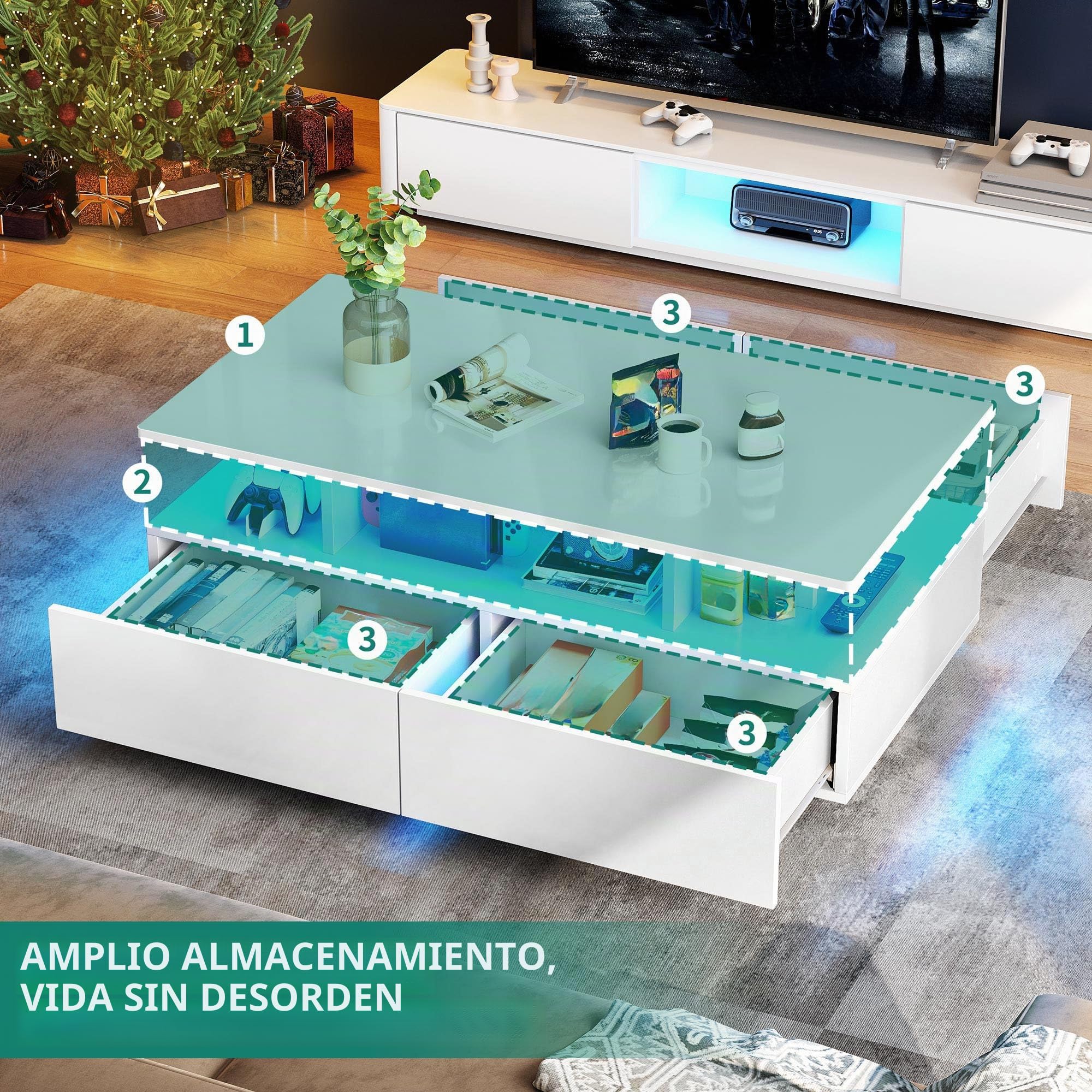 YITAHOME Mesa de Centro con 16 Colores LED para Sala, Mesa Cafe Madera con Estante Abierto y 4 cajones, Mesa de Centro Blanca Moderna