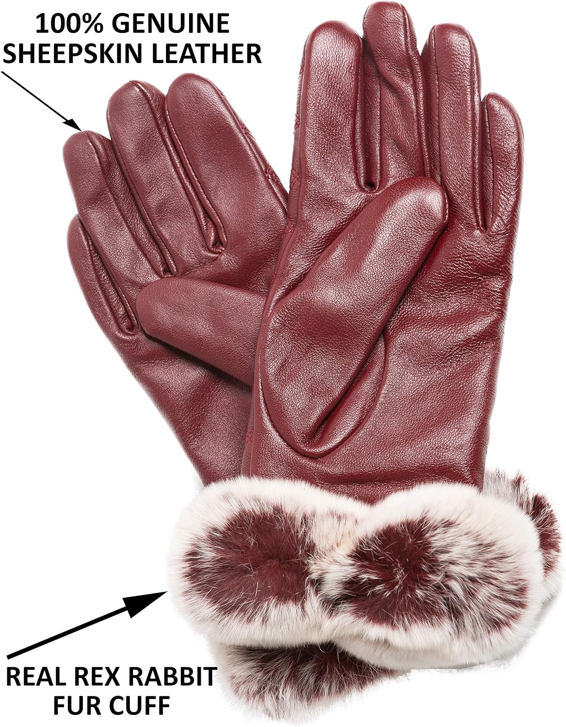 Women's Cashmere Lined Sheepskin Leather Gloves, Touchscreen, Genuine Rex Rabbit Fur Cuff, Gift Box