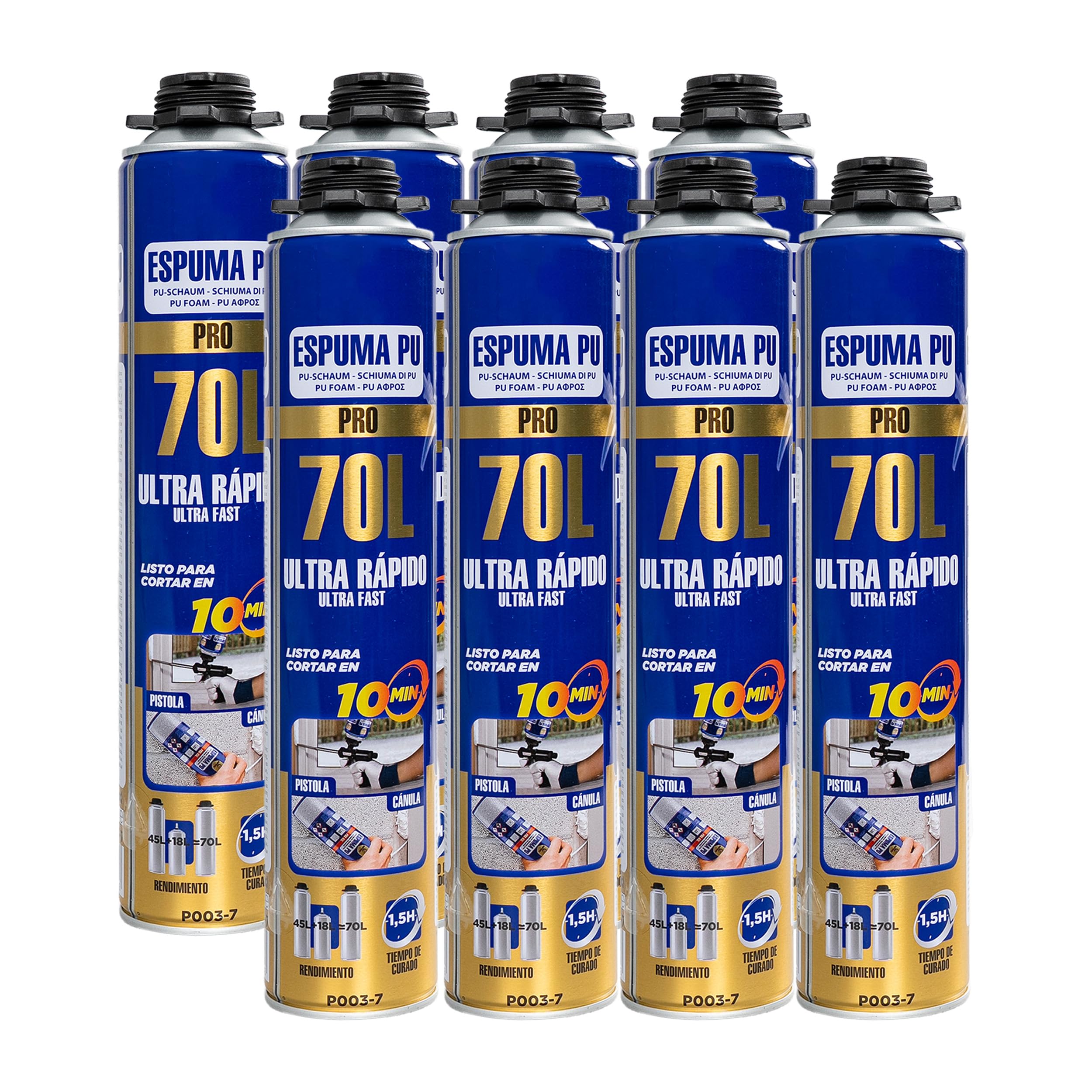 Espuma de Poliuretano 70L 750ml con Cánula – Espuma Expansiva Ultra Rápida para Sellado de Grietas y Huecos – Aislamiento Térmico y Acústico – Espuma para Construcción, Puertas y Ventanas x8 Unidades