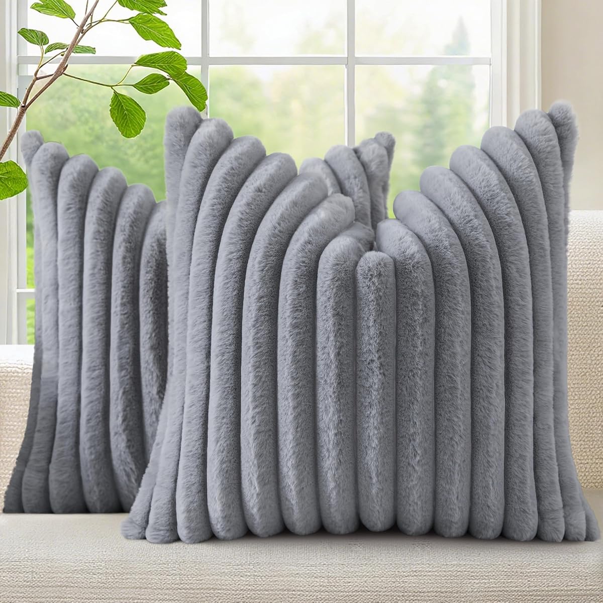 decorUhome Fall Faux Fur Throw Pillow Covers 18x18 Set of 2 Grey | Decorative Soft Cozy Striped Plush Modern Farmhouse Boho Couch Pillow Cases Velvet Back for Sofa Bed Living Room Home Decor
