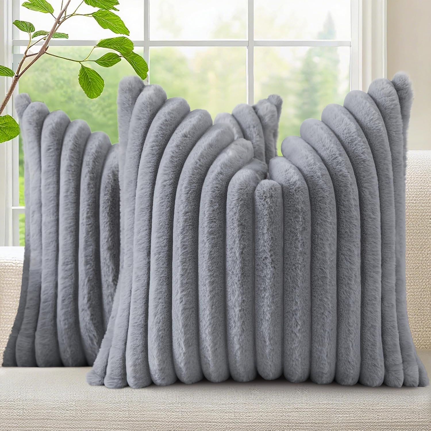 decorUhome Faux Fur Christmas Throw Pillow Covers 18x18 Set of 2, Decorative Soft Plush Striped Neutral Couch Euro Pillow Covers with Velvet Back for Sofa, Bed, Living Room Home Decor, Grey