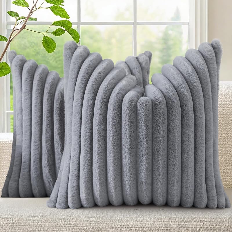 decorUhome Fall Faux Fur Throw Pillow Covers 18x18 Set of 2 Grey | Decorative Soft Cozy Striped Plush Modern Farmhouse Boho Couch Pillow Cases Velvet Back for Sofa Bed Living Room Home Decor