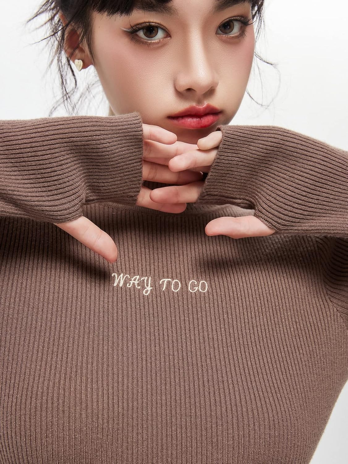 Women's Sweater Slogan Embroidery Thumb Hole Mock Neck Sweater Sweater for Women (Color : Coffee Brown, Size : Medium)
