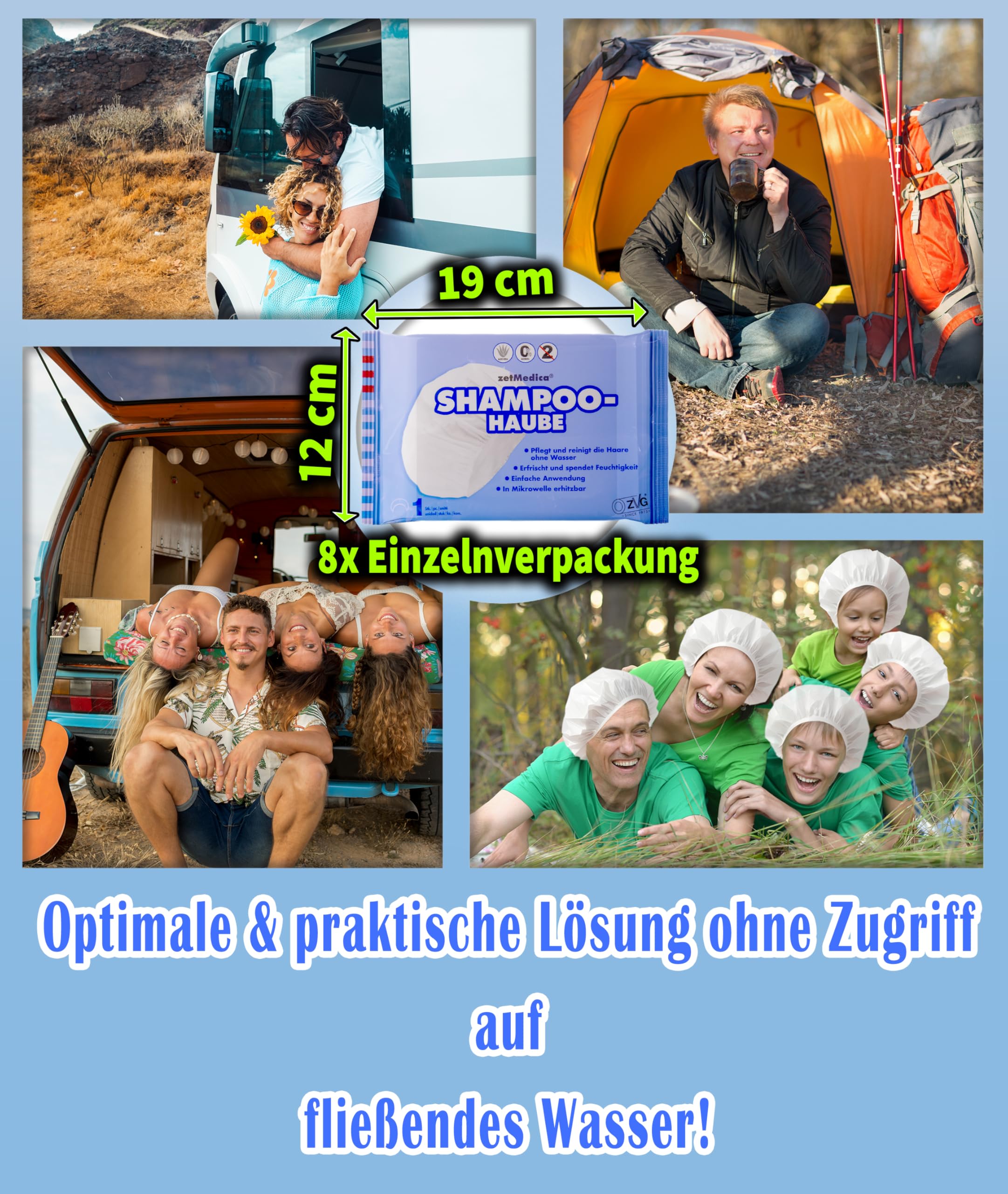 ZVG zetMedica® 8x Einweg Shampoo Hauben - Shampoohaube - Wasserlose Haarwäsche - Medizinische Qualität - Dermatest zertifiziert und Hautverträglich - Inklusive Trocknungslappen (8 Stk.)