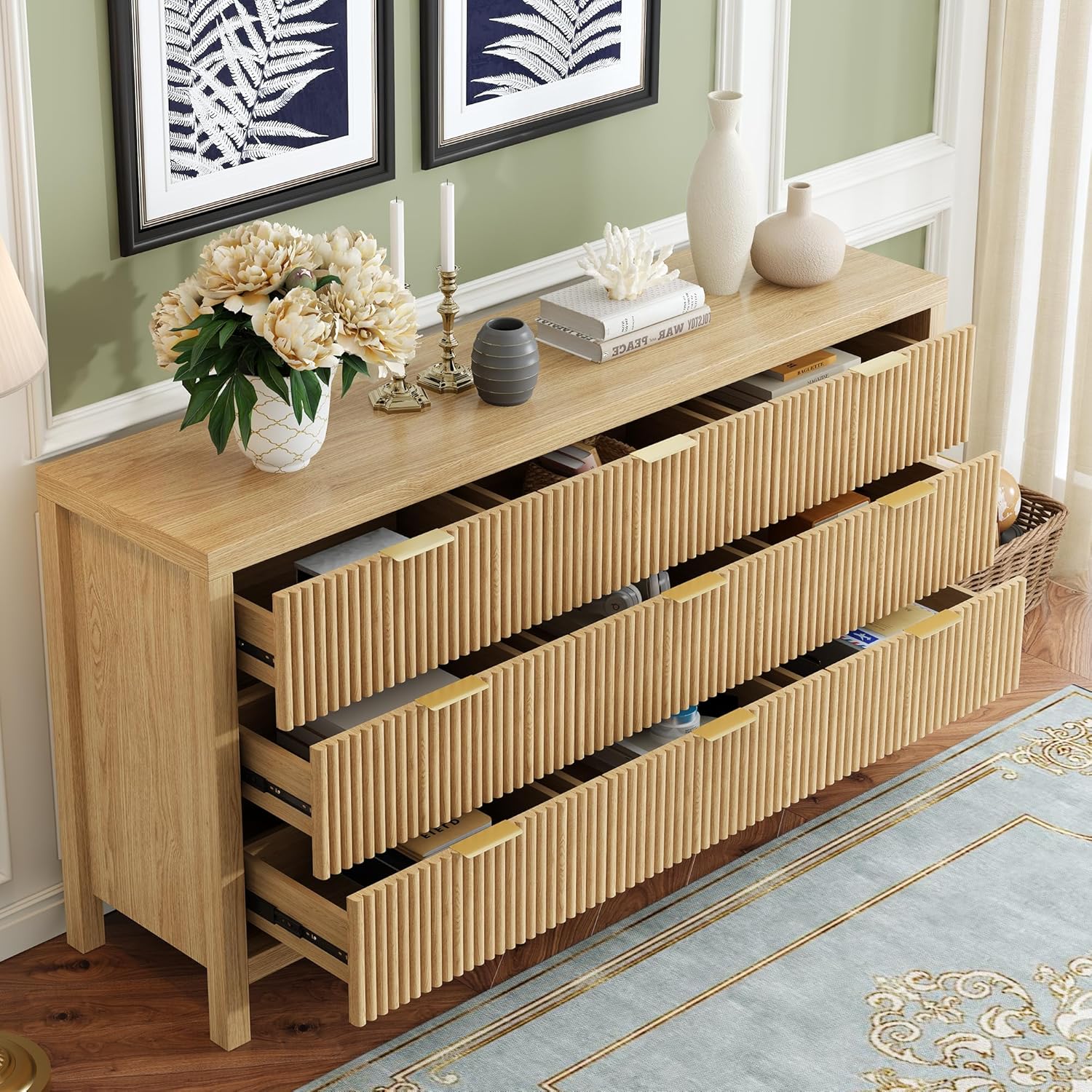ZXSHD 9 Drawers, Modern Large Chest Mid Century Modern Dresser TV Stand, Storage Organizer Dresser with Solid Natural Wood Legs for Bedroom, Living Room, Hallway, Natural Oak