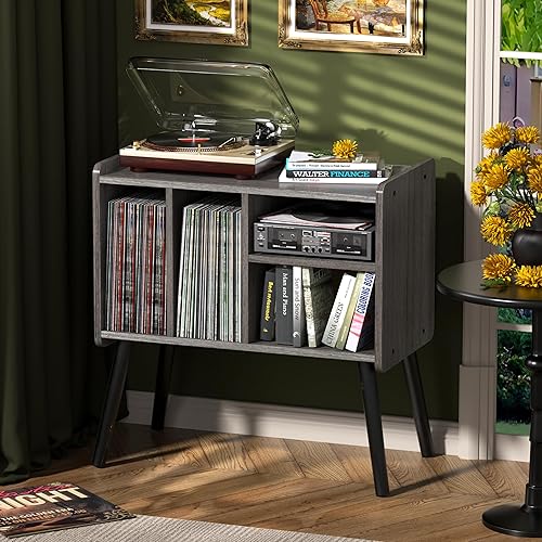 Mesa de tocadiscos, soporte para tocadiscos de mediados de siglo con almacenamiento de vinilo con capacidad para más de 150 álbumes, gabinete de