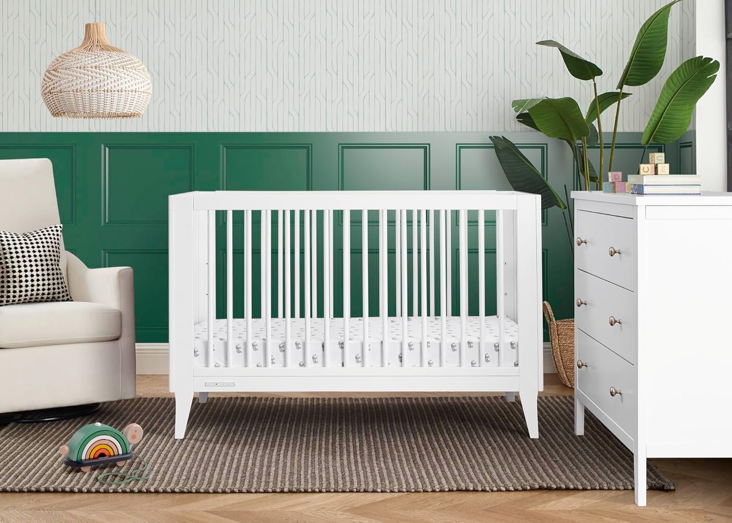 Delta Children Ollie 4-in-1 Convertible Crib, Bianca White + Simmons Kids Silver Nights Dual Sided 2-Stage Baby Crib Mattress (Bundle)