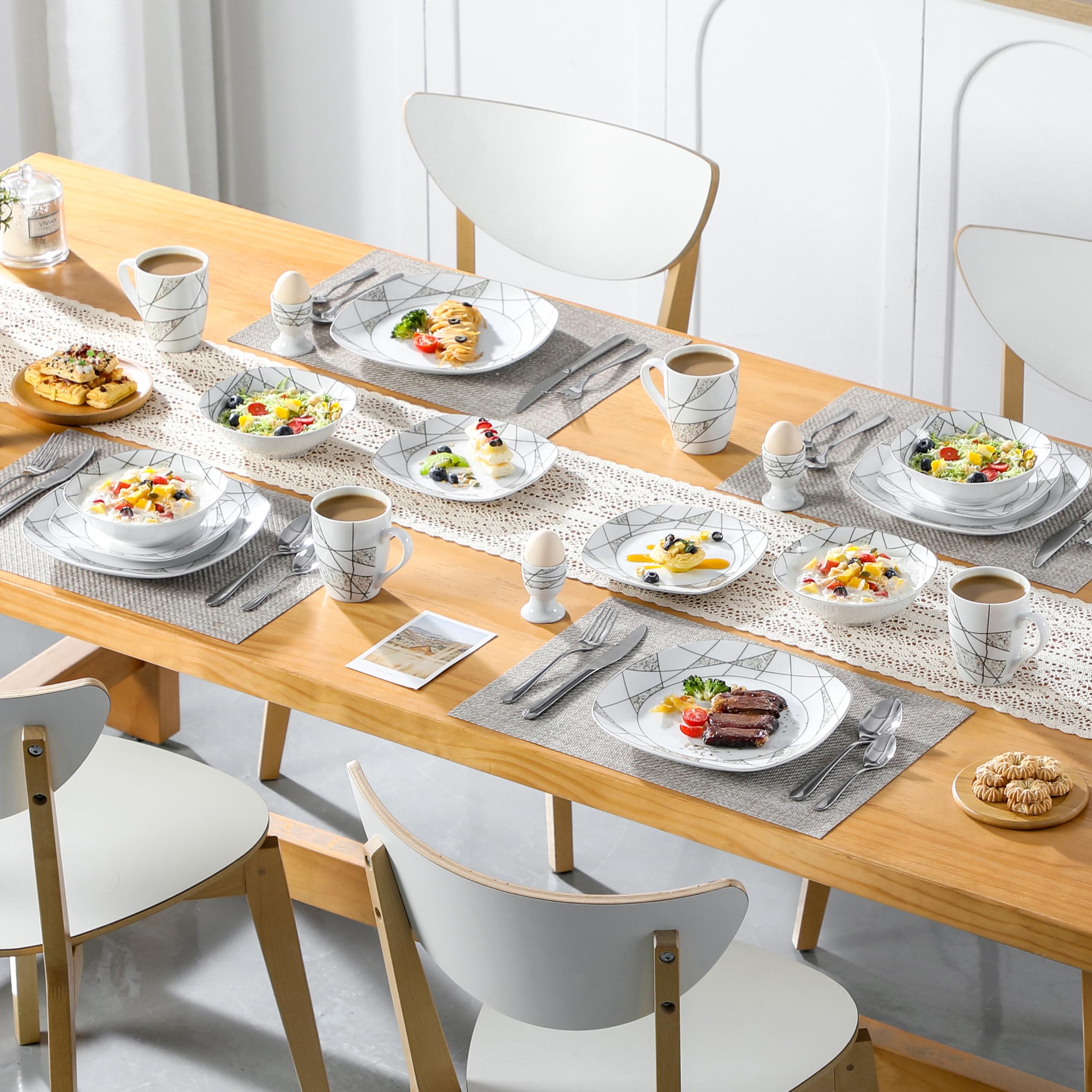 VEWEET 20-częściowy serwis stołowy z serii „Serena” wykonany z porcelany, z 4 kieliszkami do jajek, kubkami do kawy 350 ml, miseczkami na musli, talerzami deserowymi i płaskimi talerzami, serwis śniadaniowy dla 4 osób / do restauracji / dla rodziny