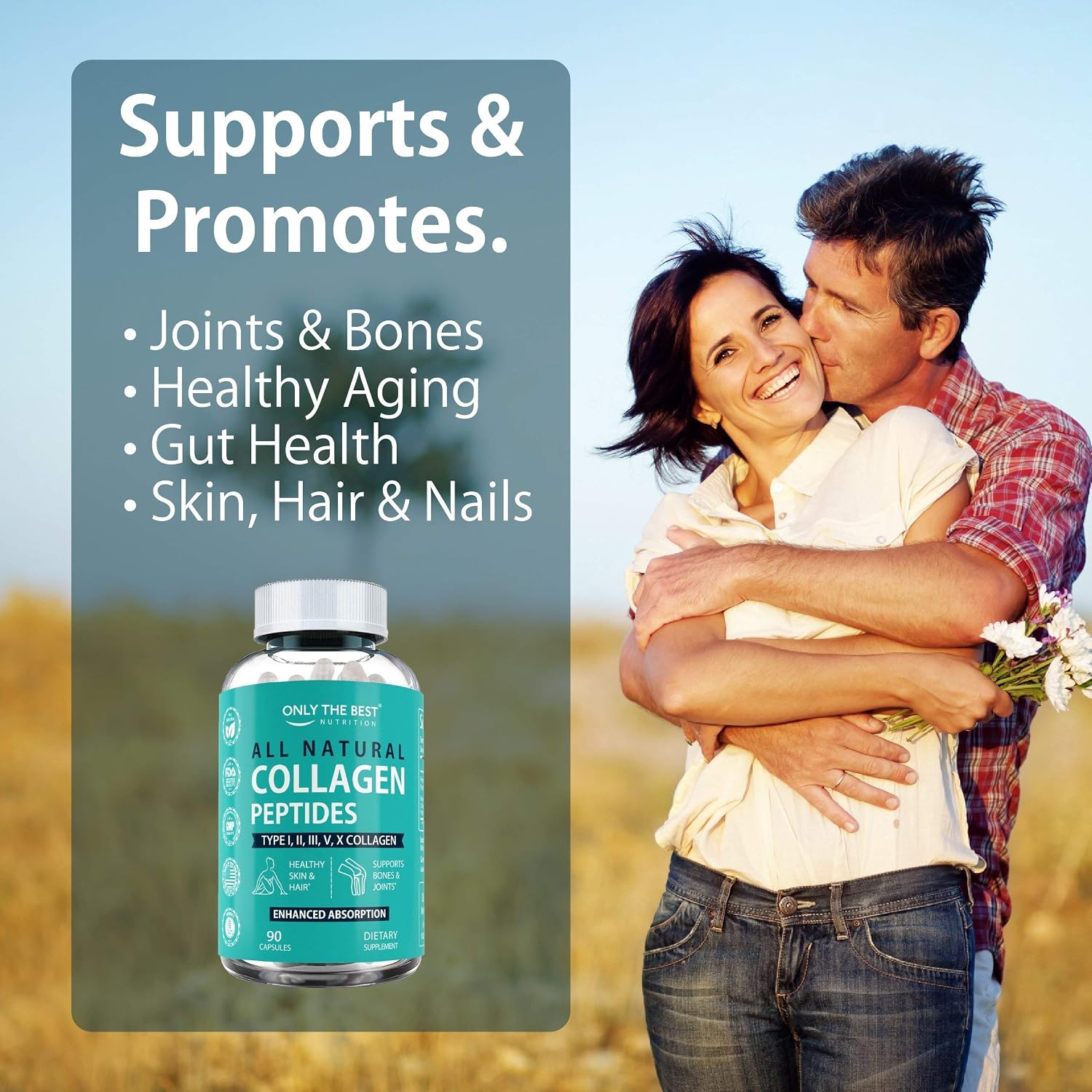 Only The Best Multi Collagen Complex with Types I II III V X Hydrolyzed Collagen Supplement Use for Hair, Skin, Nails, Anti-Aging, Digestive & Joint Health Grass Fed, Non-GMO, 90 Capsules