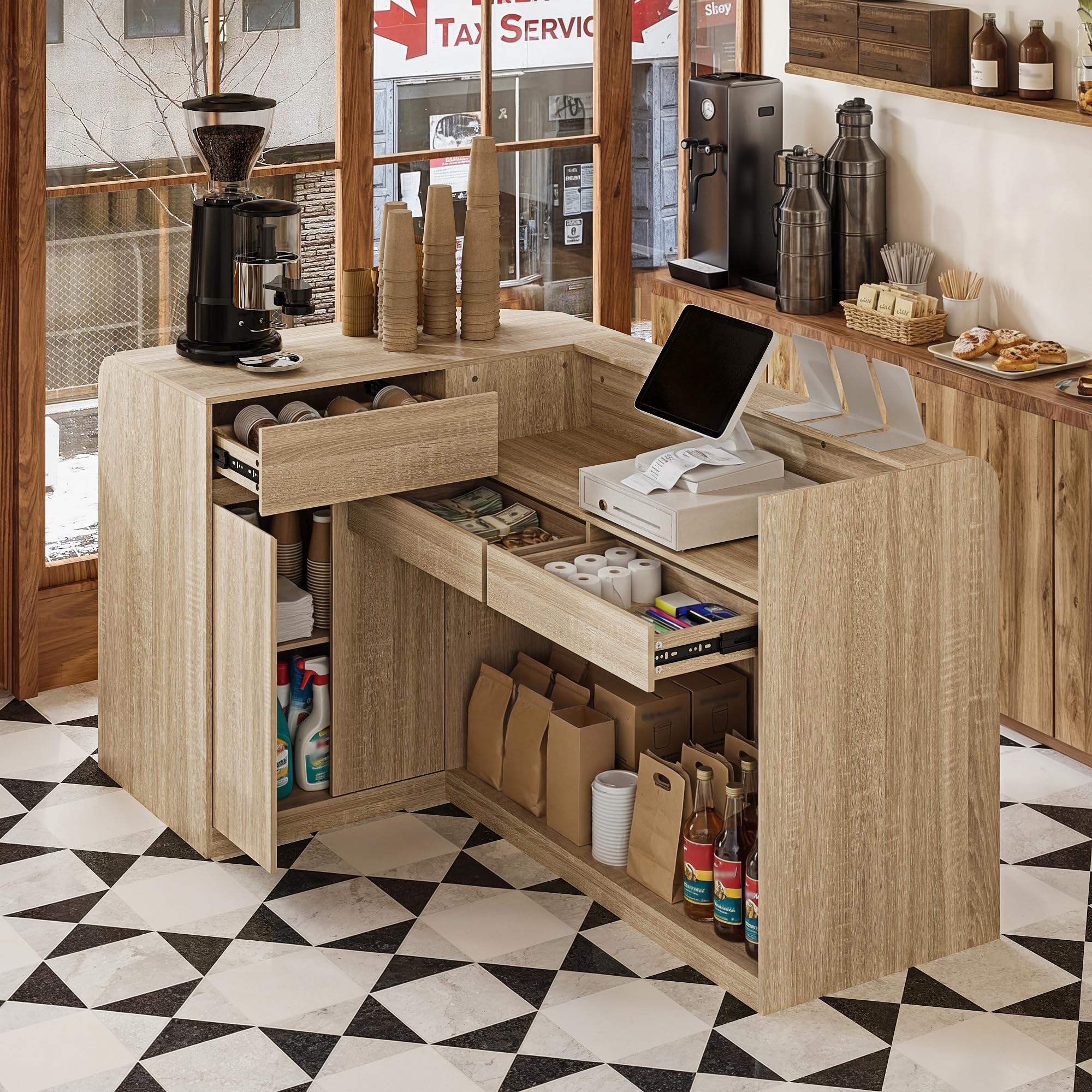 Mesa de recepción en forma de L con espacio de almacenamiento – Moderno mostrador de recepción con 3 cajones y armario, mesa de mostrador de madera para oficina, hotel, salón, práctica y