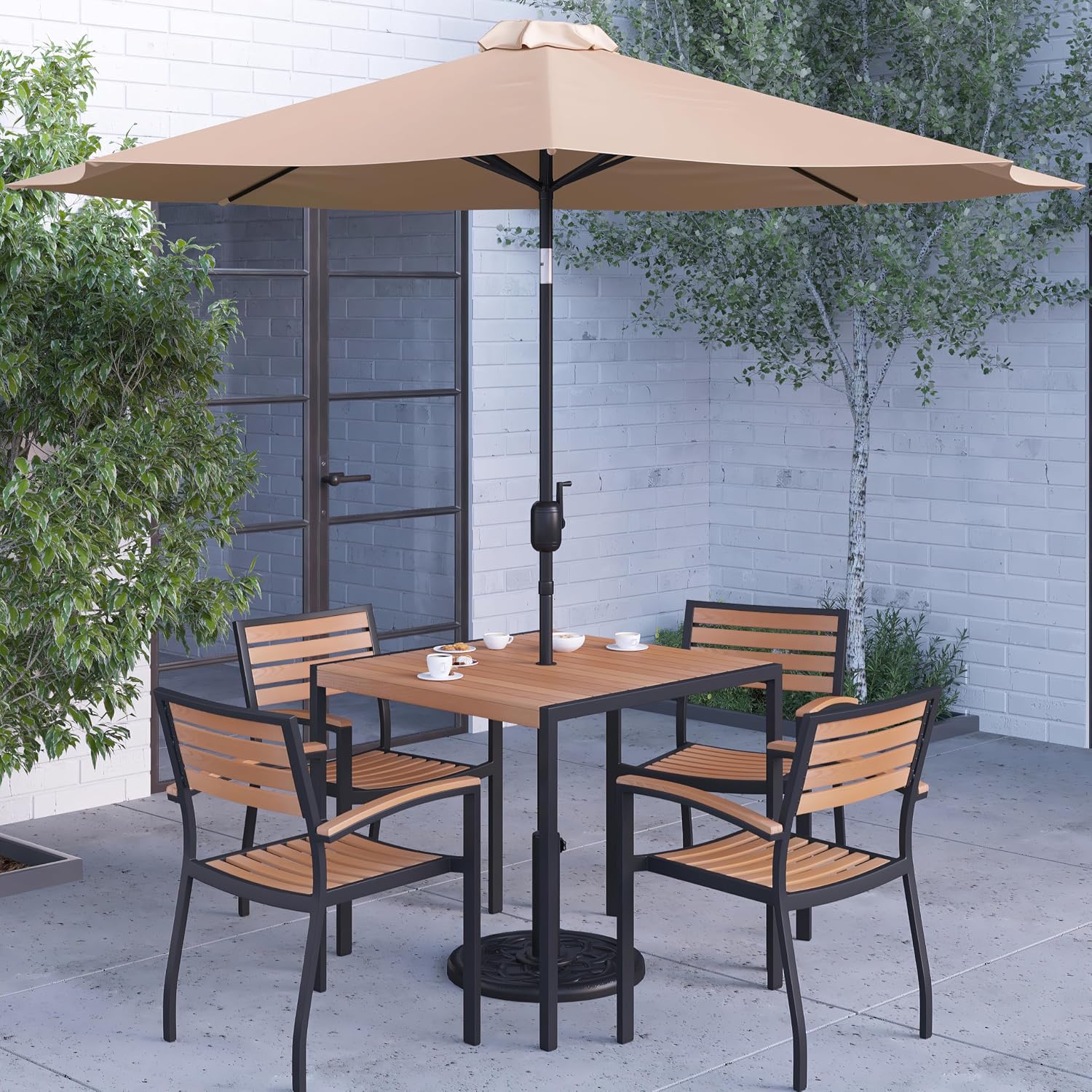 Merrick Lane Hampstead Seven Piece Patio Set - 35" Square Faux Teak Table - Four Stacking Club Chairs with Arms - 9' Patio Umbrella in Tan - Umbrella Base