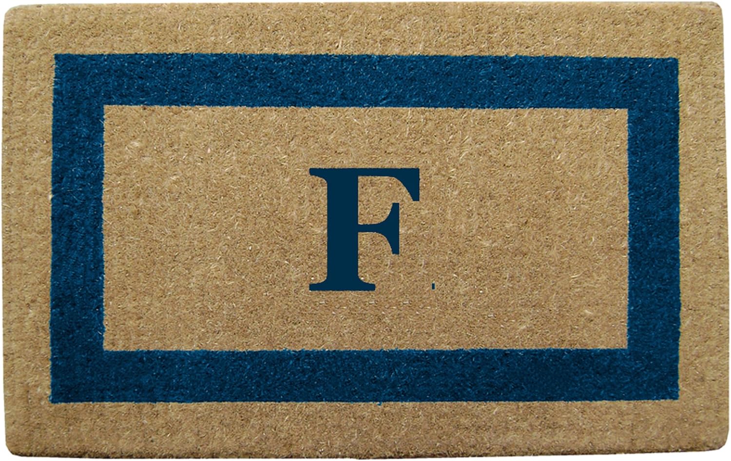 Nedia Home Heavy Duty Coir Door Mat - Personalized Monogram F, Single Picture Frame Design, Natural Coco Fiber Welcome Mat, Durable Handcrafted Outdoor Rug, Eco-Friendly, Blue 22" x 36", O2029F