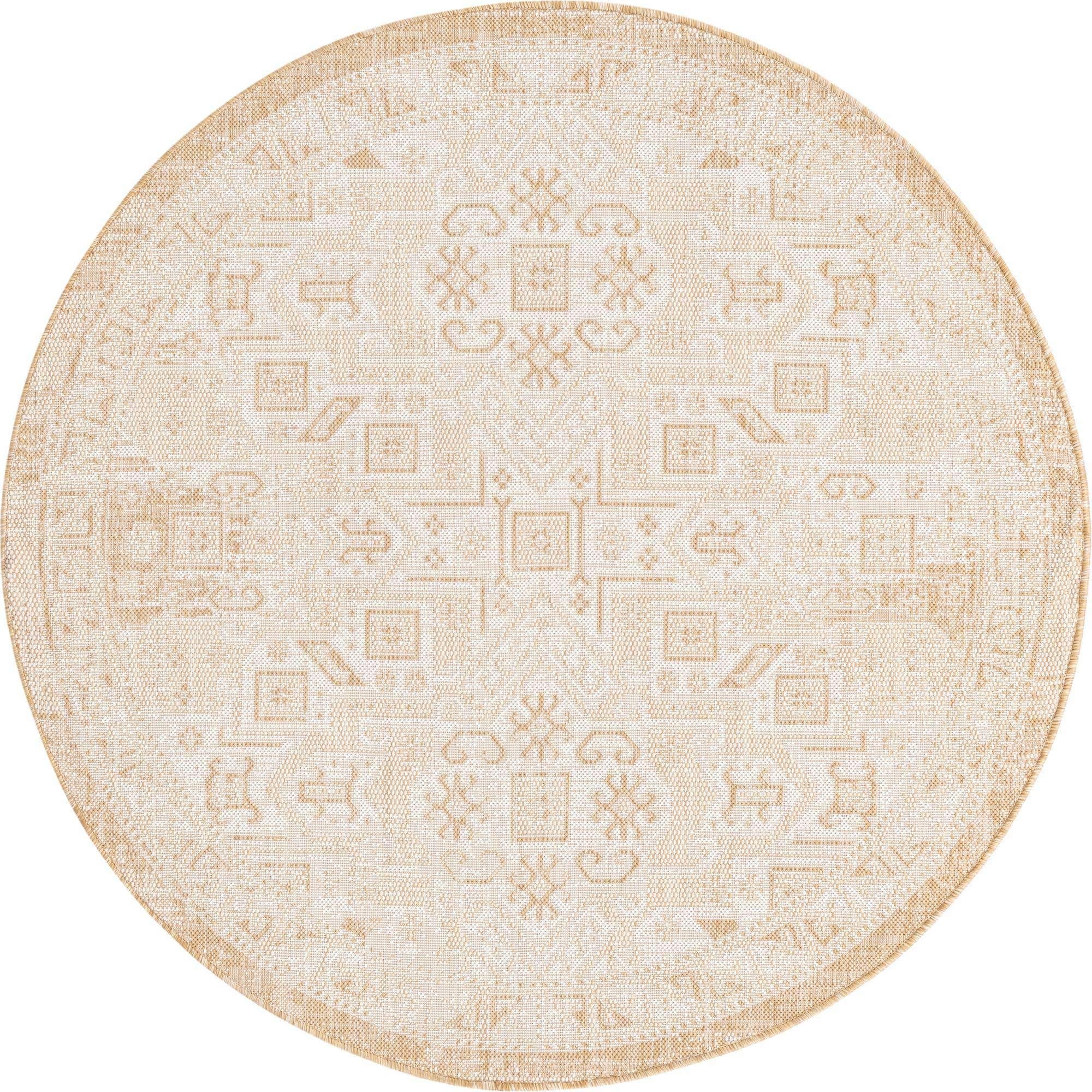 Unique Loom Outdoor Aztec Collection Area Rug - Coba (5' 3" Round, Natural/ Ivory)